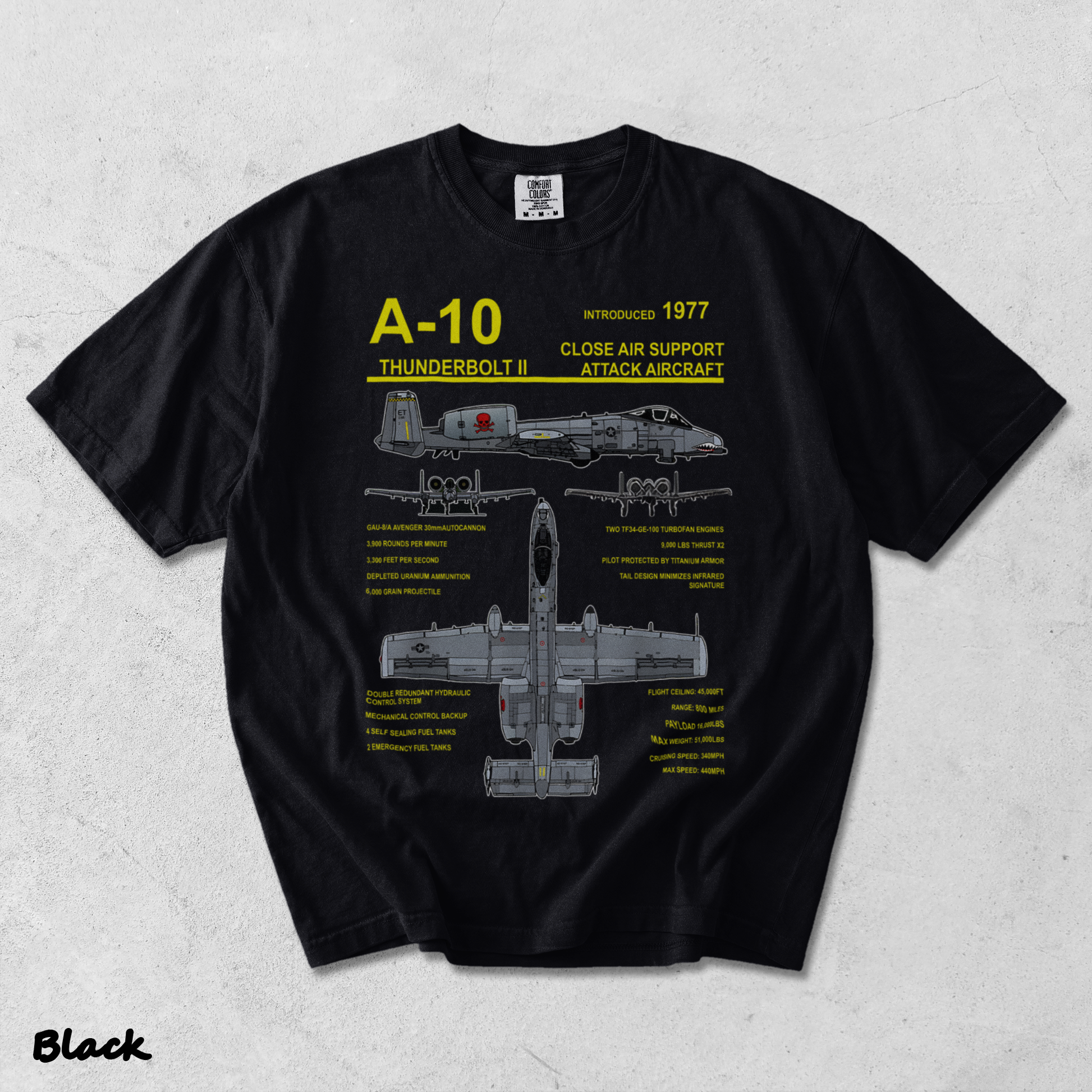 A-10 Thunderbolt II Warthog Military Jet Blueprint T-Shirt back - Black mockup
