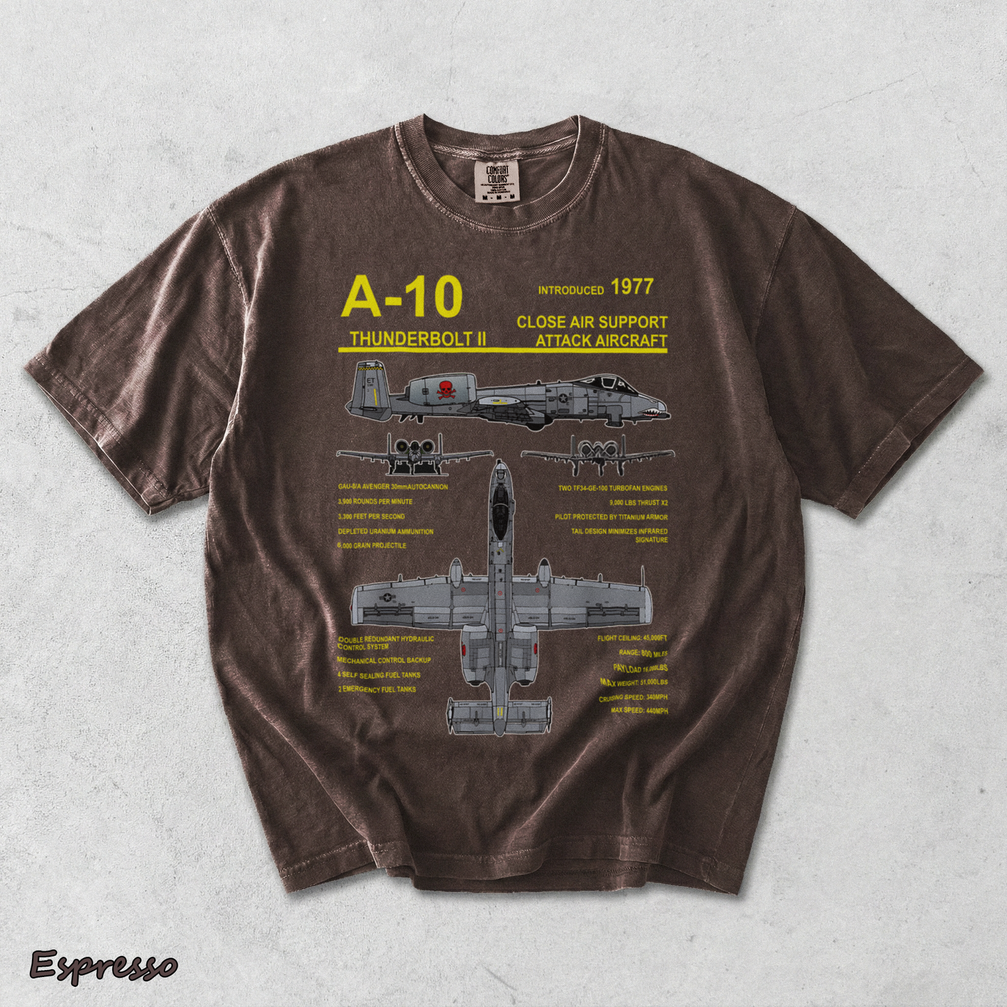 A-10 Thunderbolt II Warthog Military Jet Blueprint T-Shirt back - Espresso mockup
