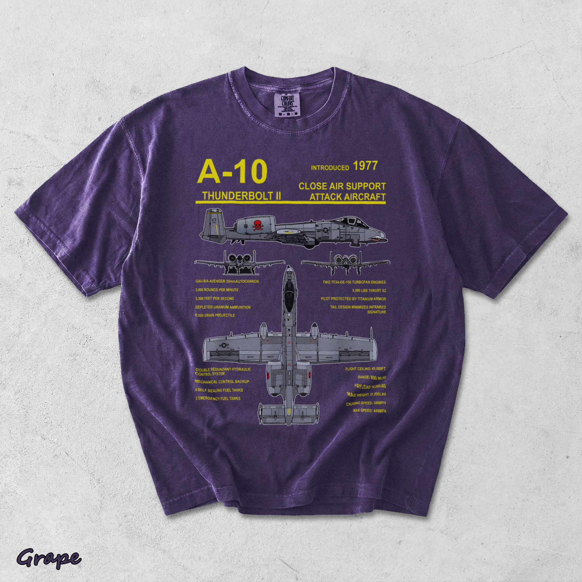 A-10 Thunderbolt II Warthog Military Jet Blueprint T-Shirt back - Grape mockup