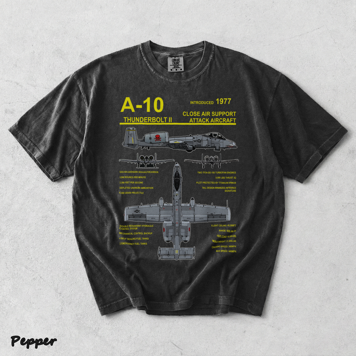 A-10 Thunderbolt II Warthog Military Jet Blueprint T-Shirt back - Pepper mockup