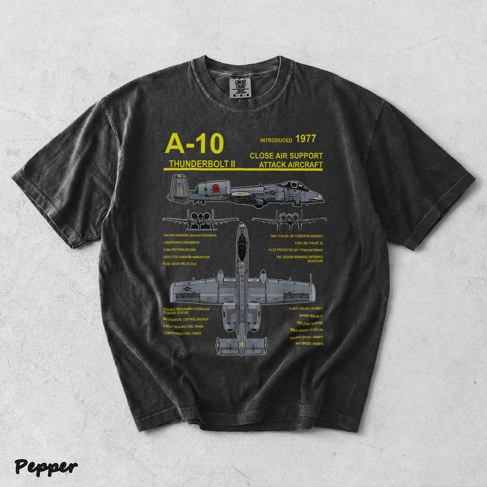 A-10 Thunderbolt II Warthog Military Jet Blueprint T-Shirt back - Pepper mockup