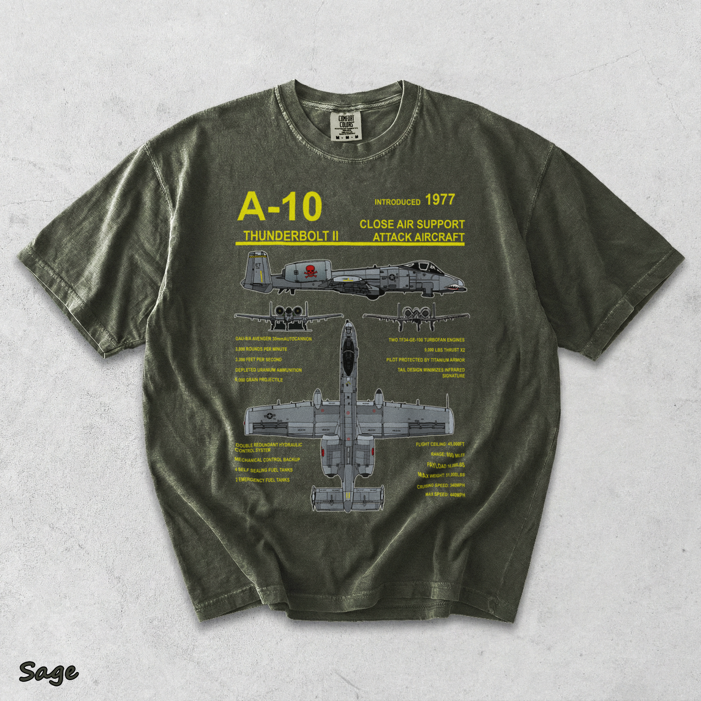 A-10 Thunderbolt II Warthog Military Jet Blueprint T-Shirt back - Sage mockup