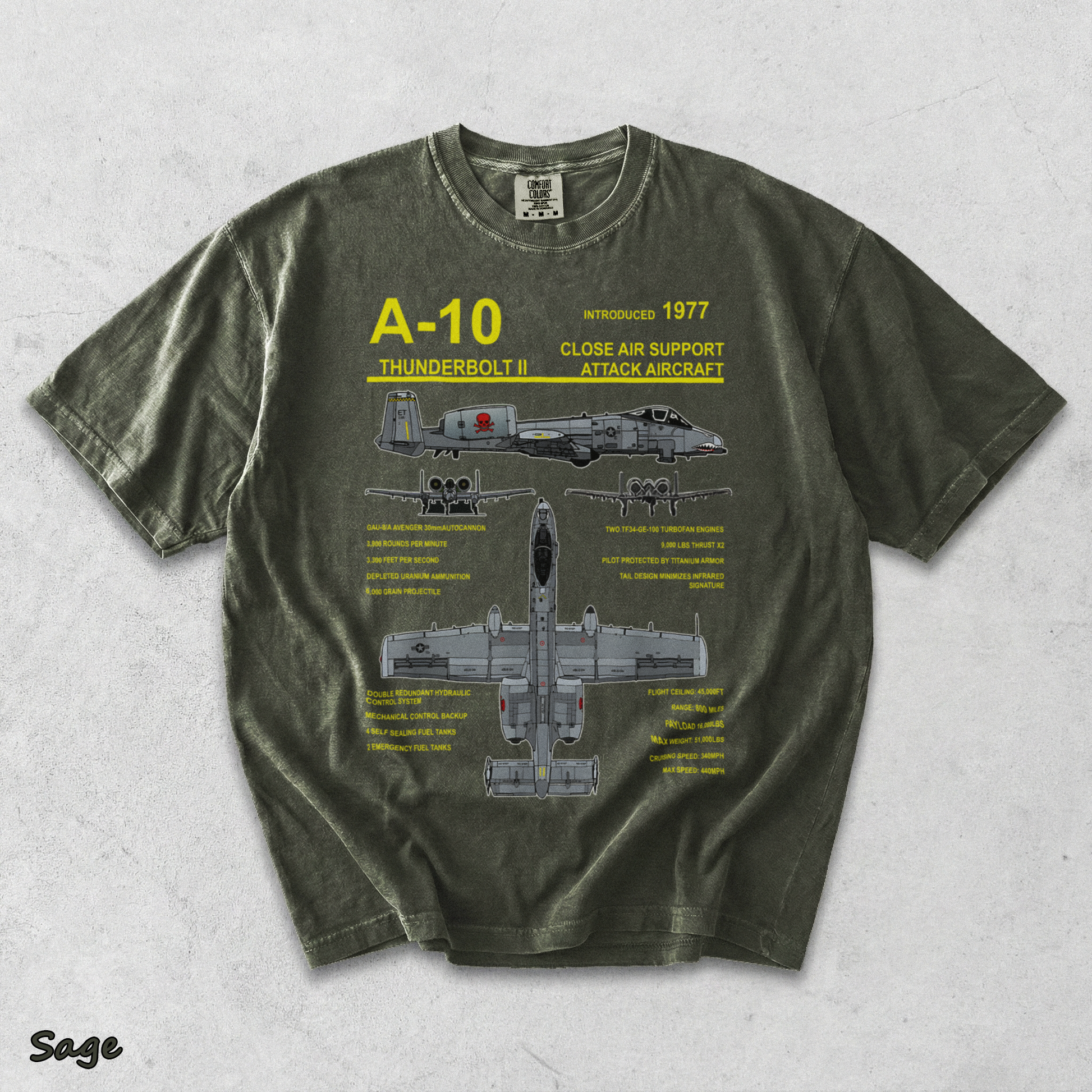 A-10 Thunderbolt II Warthog Military Jet Blueprint T-Shirt back - Sage mockup