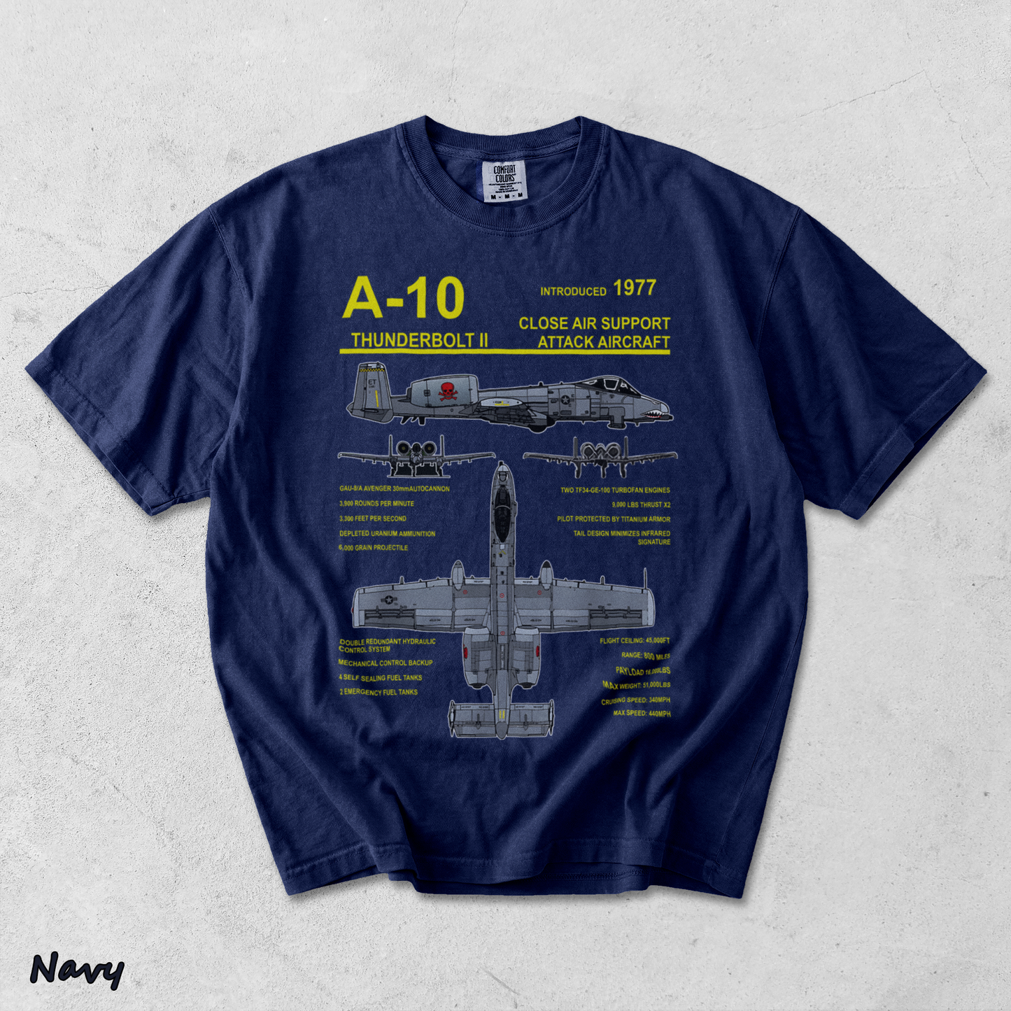 A-10 Thunderbolt II Warthog Military Jet Blueprint T-Shirt back - True Navy mockup