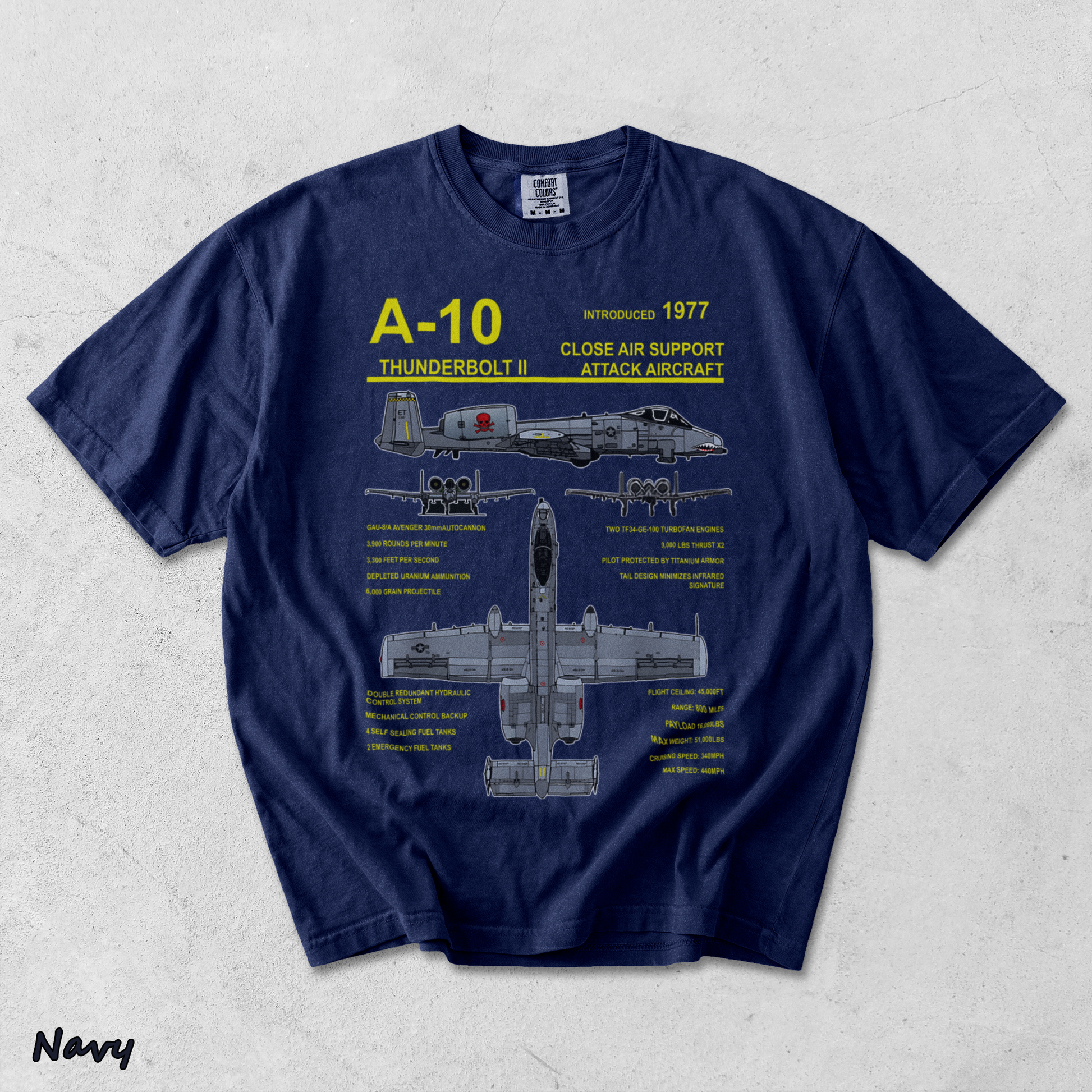 A-10 Thunderbolt II Warthog Military Jet Blueprint T-Shirt back - True Navy mockup
