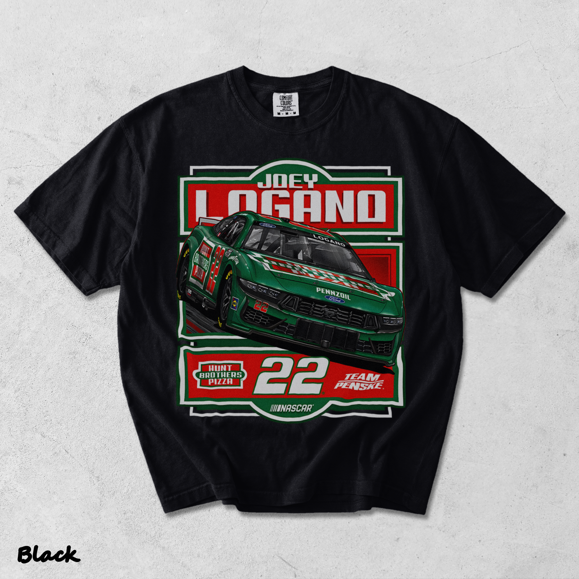 BACK - Joey Logano #22 Team Racing Penske Pizza Car T-Shirt - Black mockup