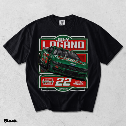 BACK - Joey Logano #22 Team Racing Penske Pizza Car T-Shirt - Black mockup