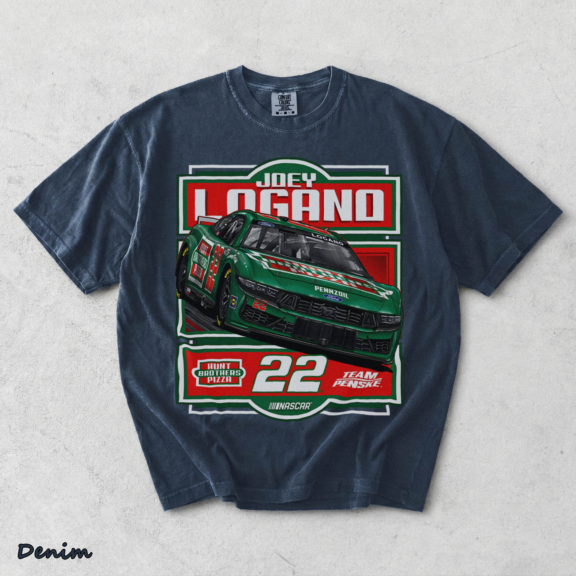 BACK - Joey Logano #22 Team Racing Penske Pizza Car T-Shirt - Denim mockup