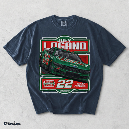 BACK - Joey Logano #22 Team Racing Penske Pizza Car T-Shirt - Denim mockup