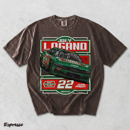 BACK - Joey Logano #22 Team Racing Penske Pizza Car T-Shirt - Espresso mockup