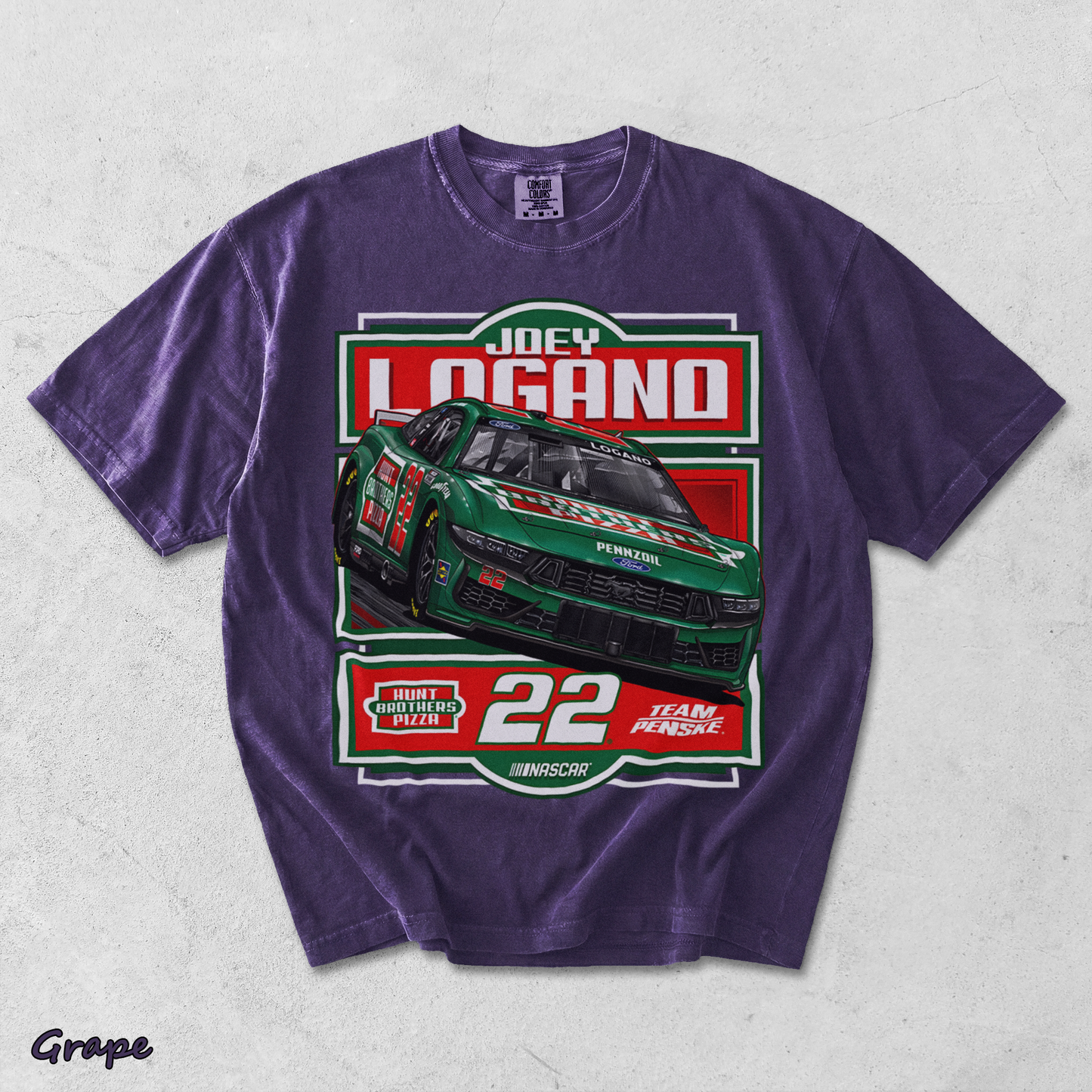 BACK - Joey Logano #22 Team Racing Penske Pizza Car T-Shirt - Grape mockup