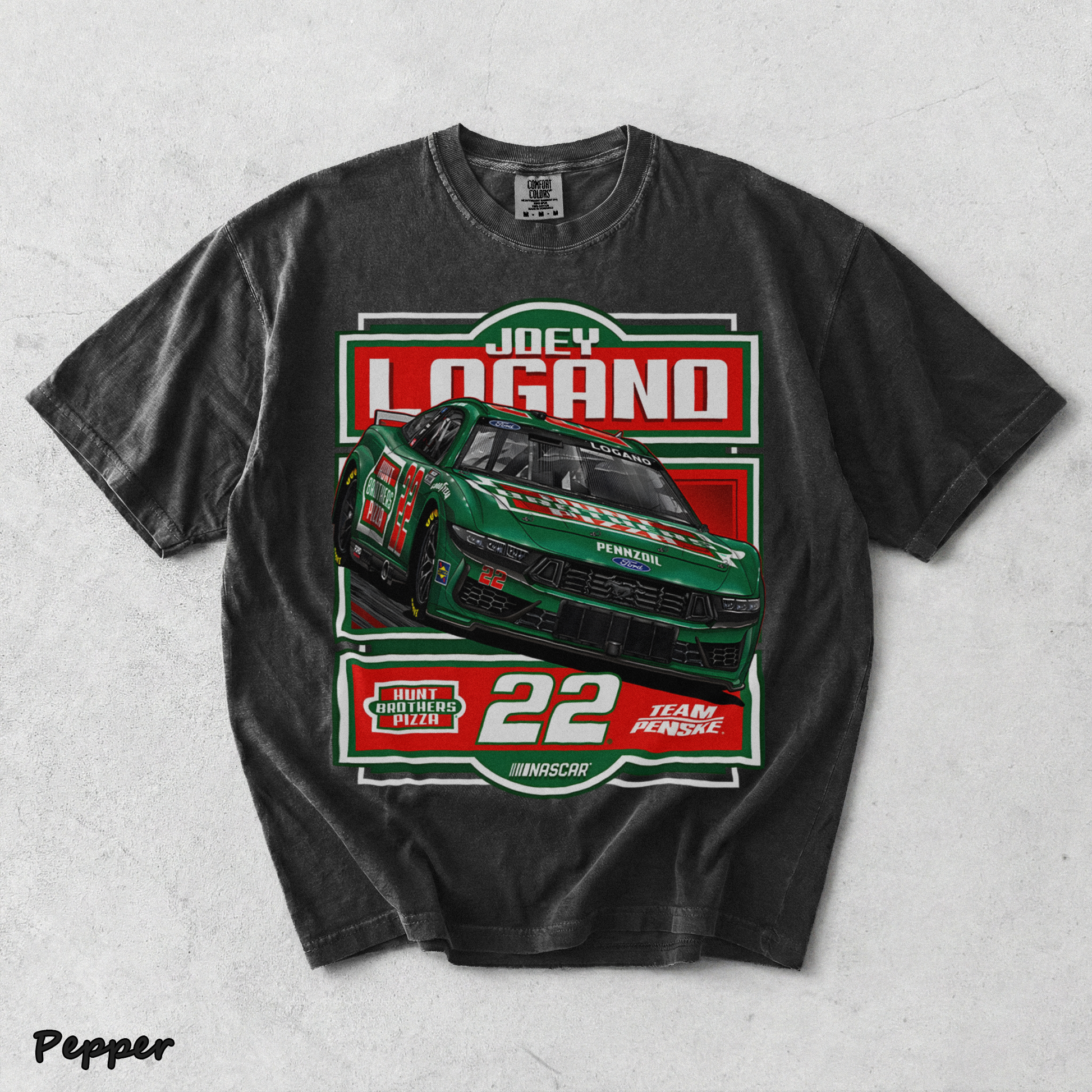 BACK - Joey Logano #22 Team Racing Penske Pizza Car T-Shirt - Pepper mockup