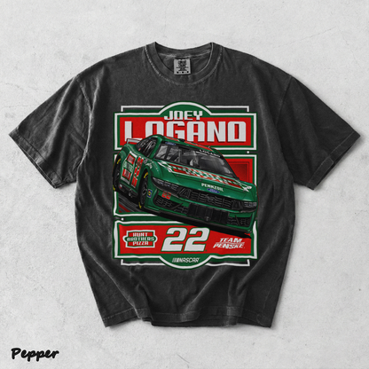 BACK - Joey Logano #22 Team Racing Penske Pizza Car T-Shirt - Pepper mockup