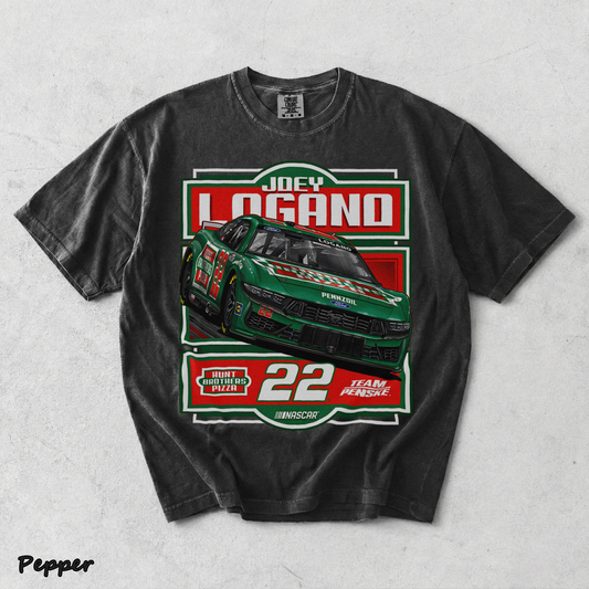 BACK - Joey Logano #22 Team Racing Penske Pizza Car T-Shirt - Pepper mockup