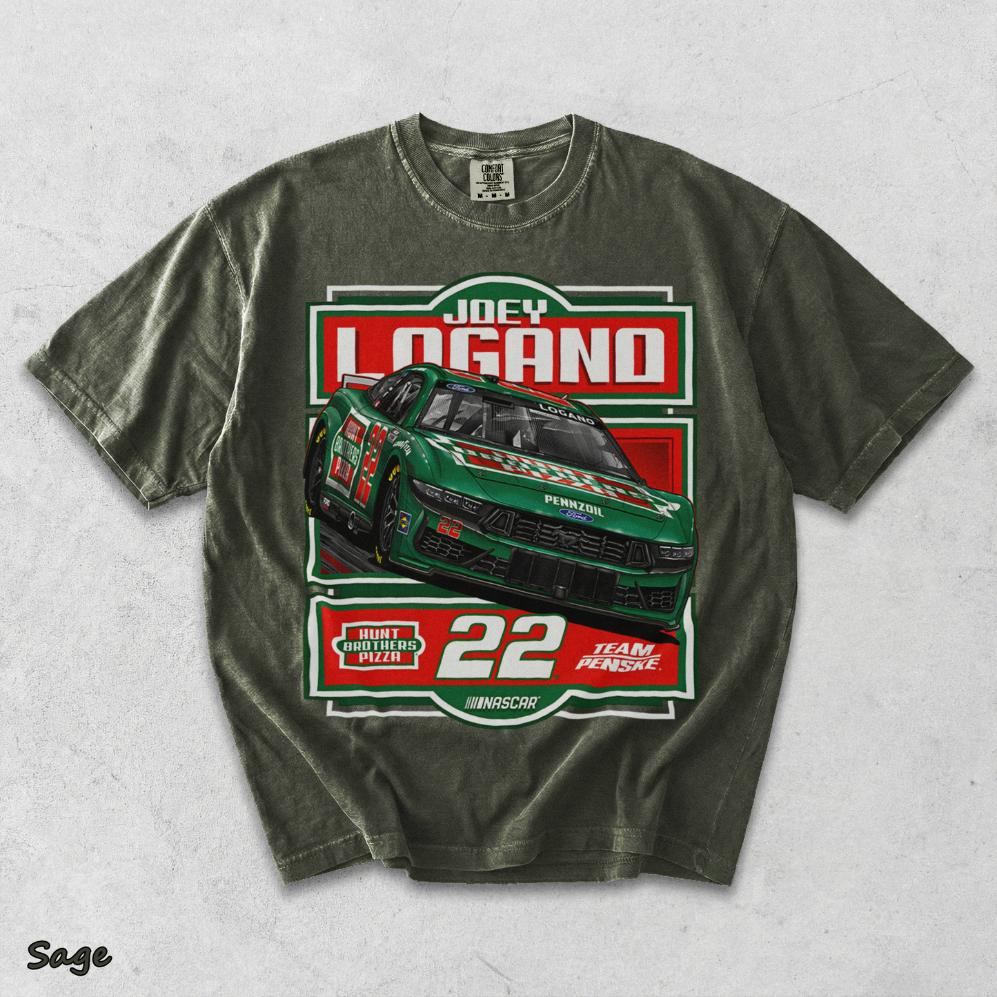 BACK - Joey Logano #22 Team Racing Penske Pizza Car T-Shirt - Sage mockup