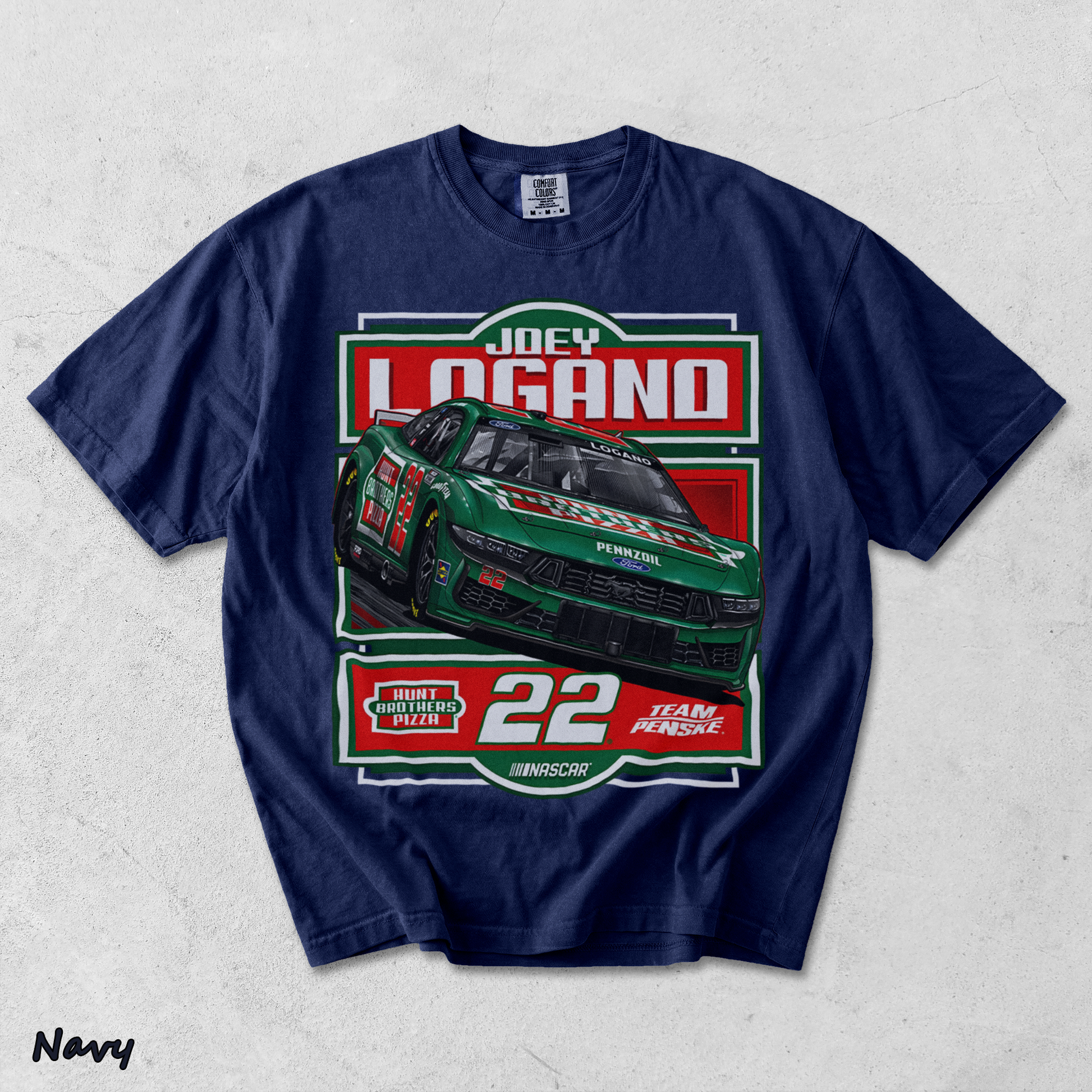 BACK - Joey Logano #22 Team Racing Penske Pizza Car T-Shirt - True Navy mockup