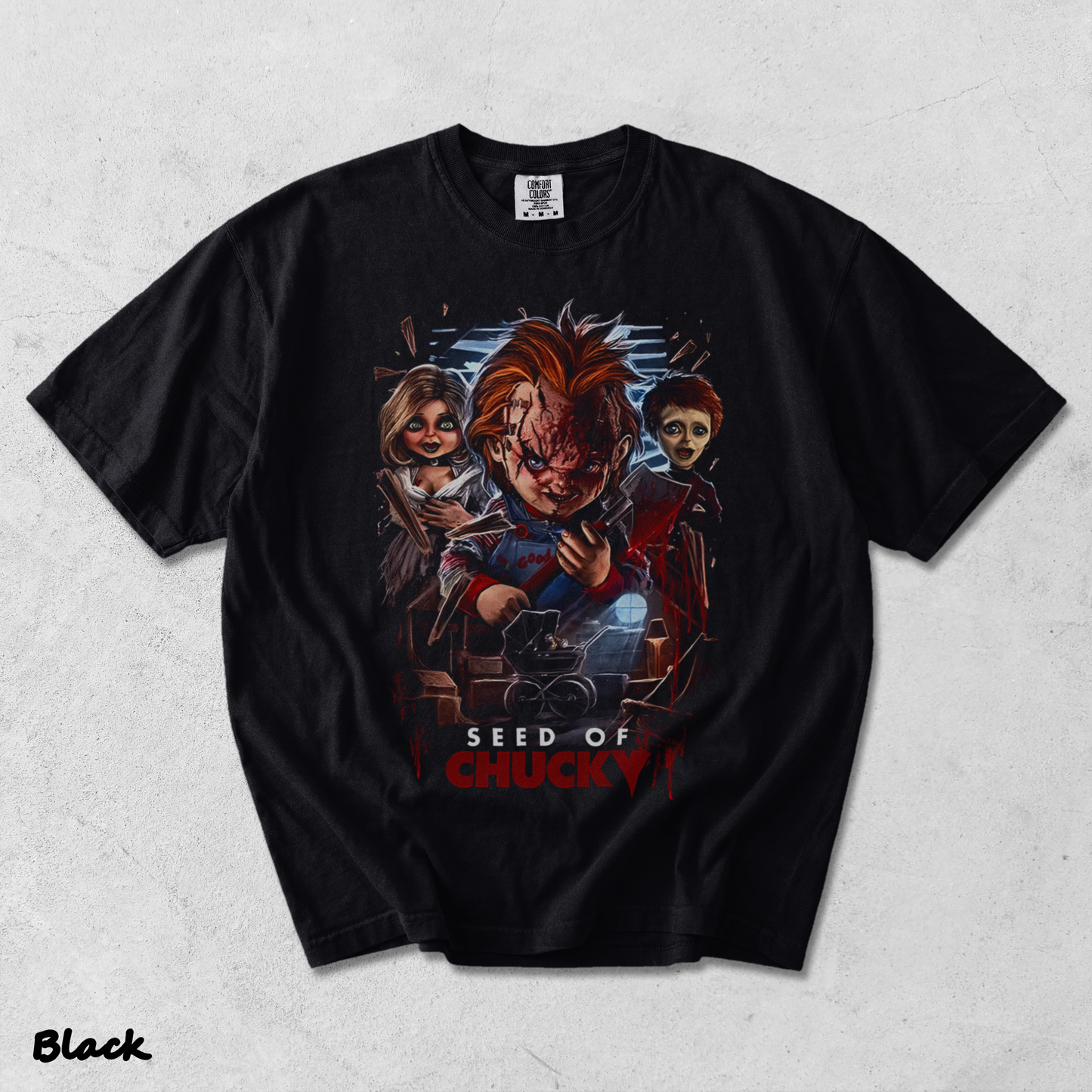 Chucky Tiffany Glen Creepy Doll Family Vintage Horror Halloween Fan Tee - Black mockup