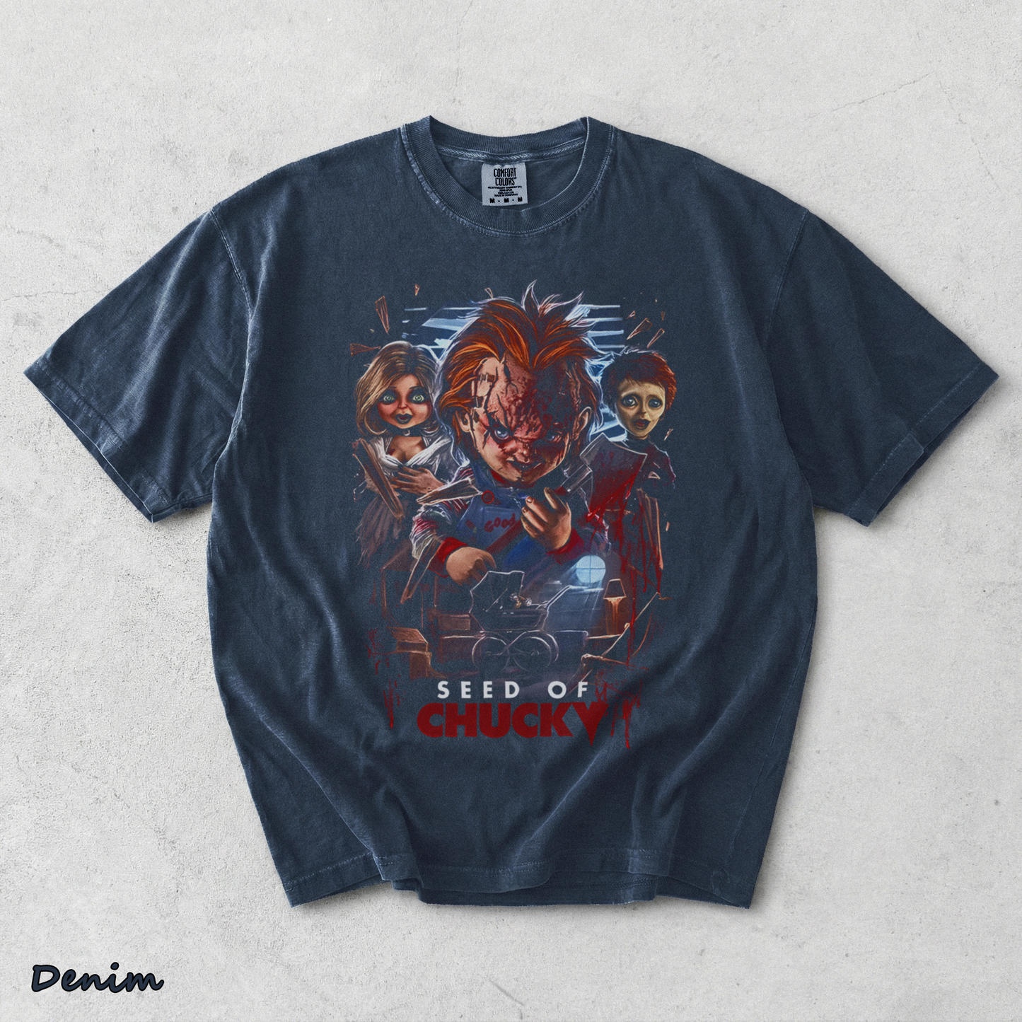 Chucky Tiffany Glen Creepy Doll Family Vintage Horror Halloween Fan Tee - Denim mockup