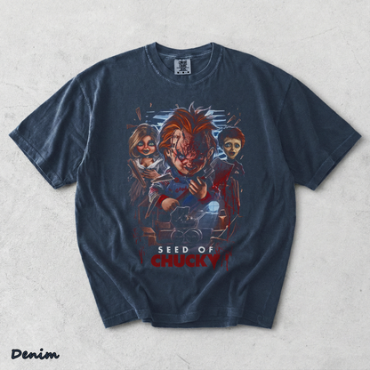 Chucky Tiffany Glen Creepy Doll Family Vintage Horror Halloween Fan Tee - Denim mockup