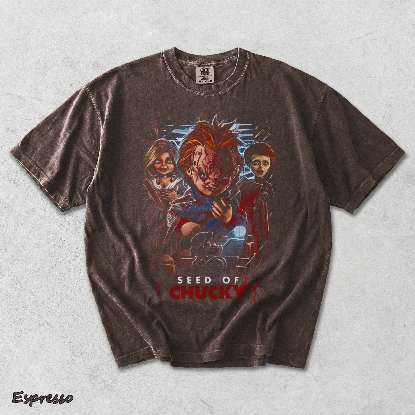 Chucky Tiffany Glen Creepy Doll Family Vintage Horror Halloween Fan Tee - Espresso mockup