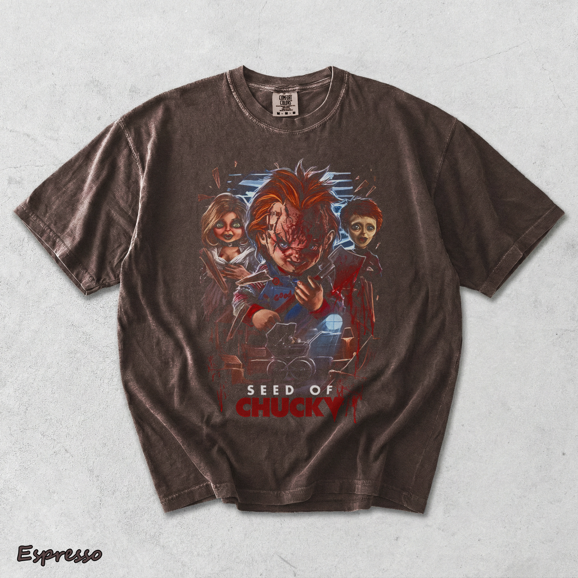 Chucky Tiffany Glen Creepy Doll Family Vintage Horror Halloween Fan Tee - Espresso mockup