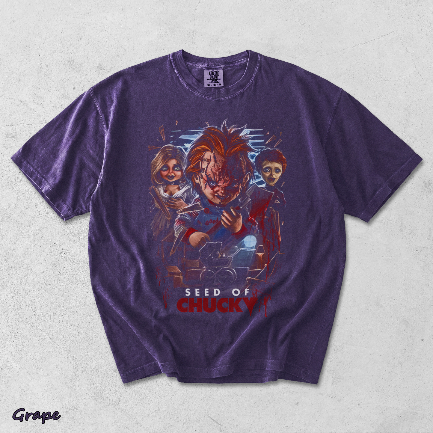 Chucky Tiffany Glen Creepy Doll Family Vintage Horror Halloween Fan Tee - Grape mockup