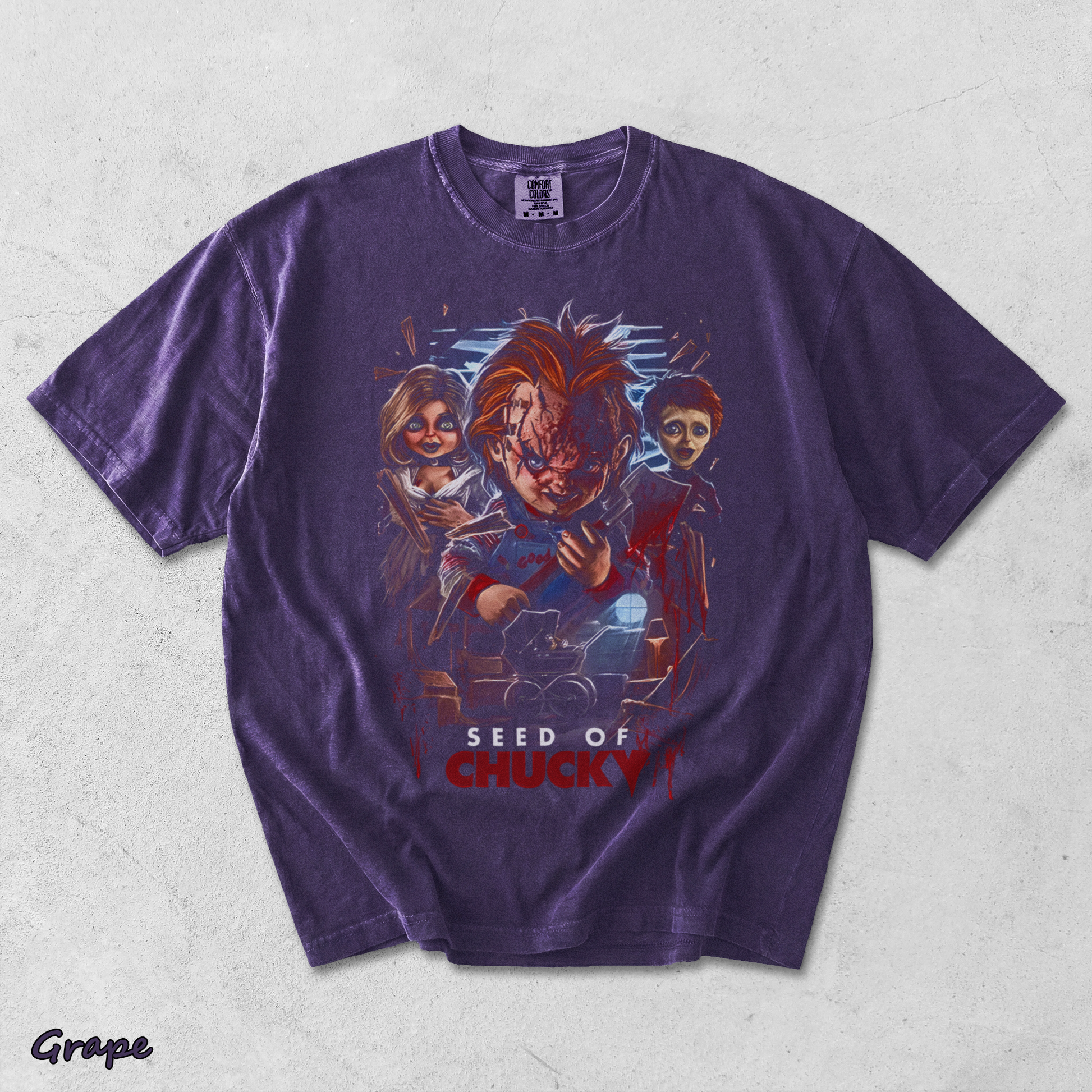Chucky Tiffany Glen Creepy Doll Family Vintage Horror Halloween Fan Tee - Grape mockup