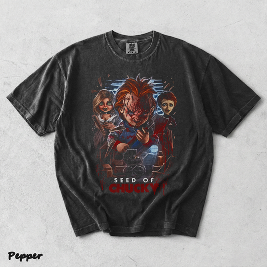 Chucky Tiffany Glen Creepy Doll Family Vintage Horror Halloween Fan Tee - Pepper mockup