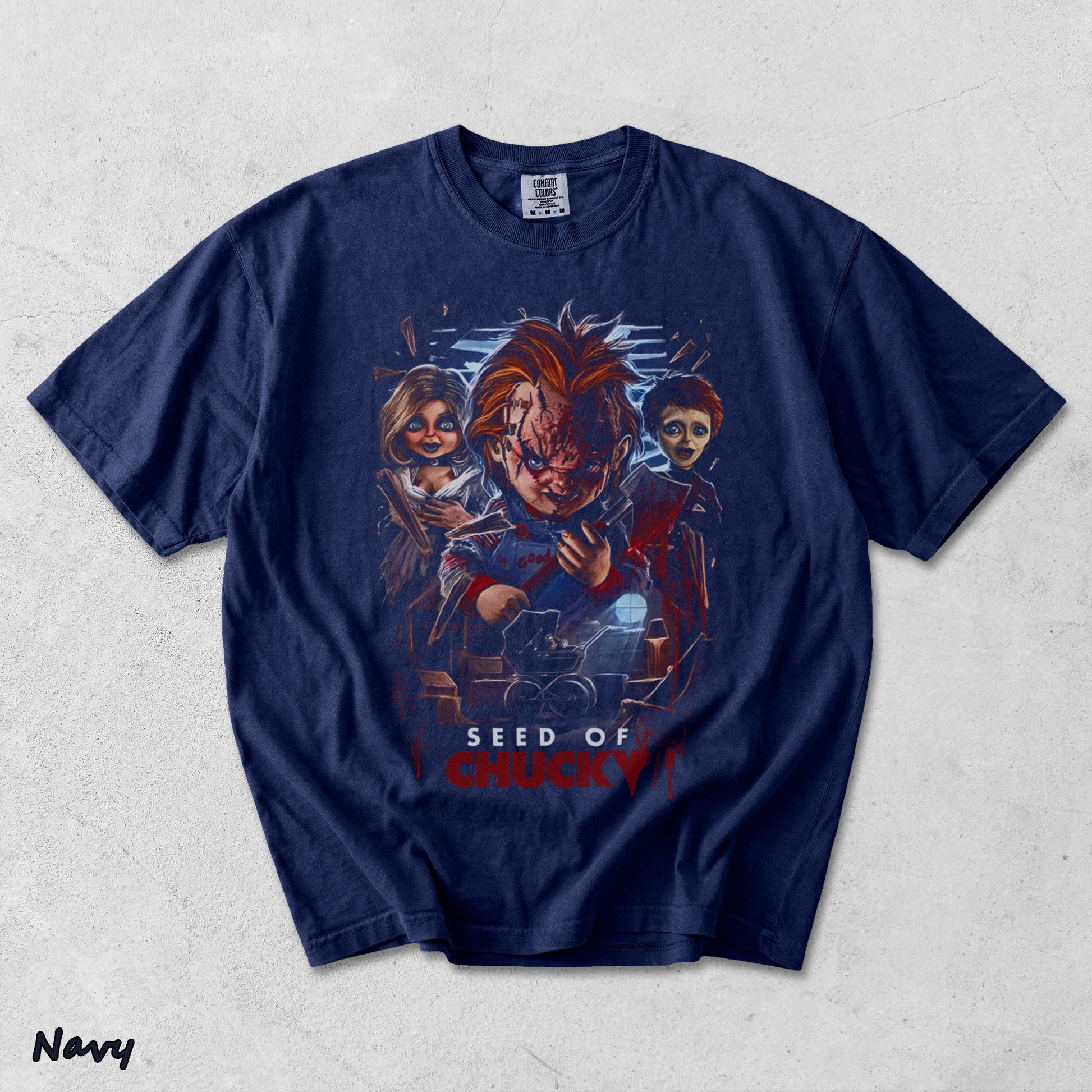 Chucky Tiffany Glen Creepy Doll Family Vintage Horror Halloween Fan Tee - True Navy mockup