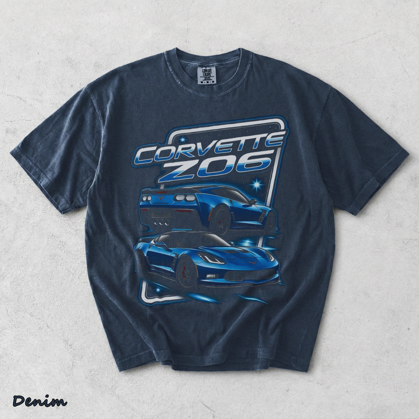 Corvette Z06 C7 Blue Racing Graphic T-Shirt back - Denim mockup
