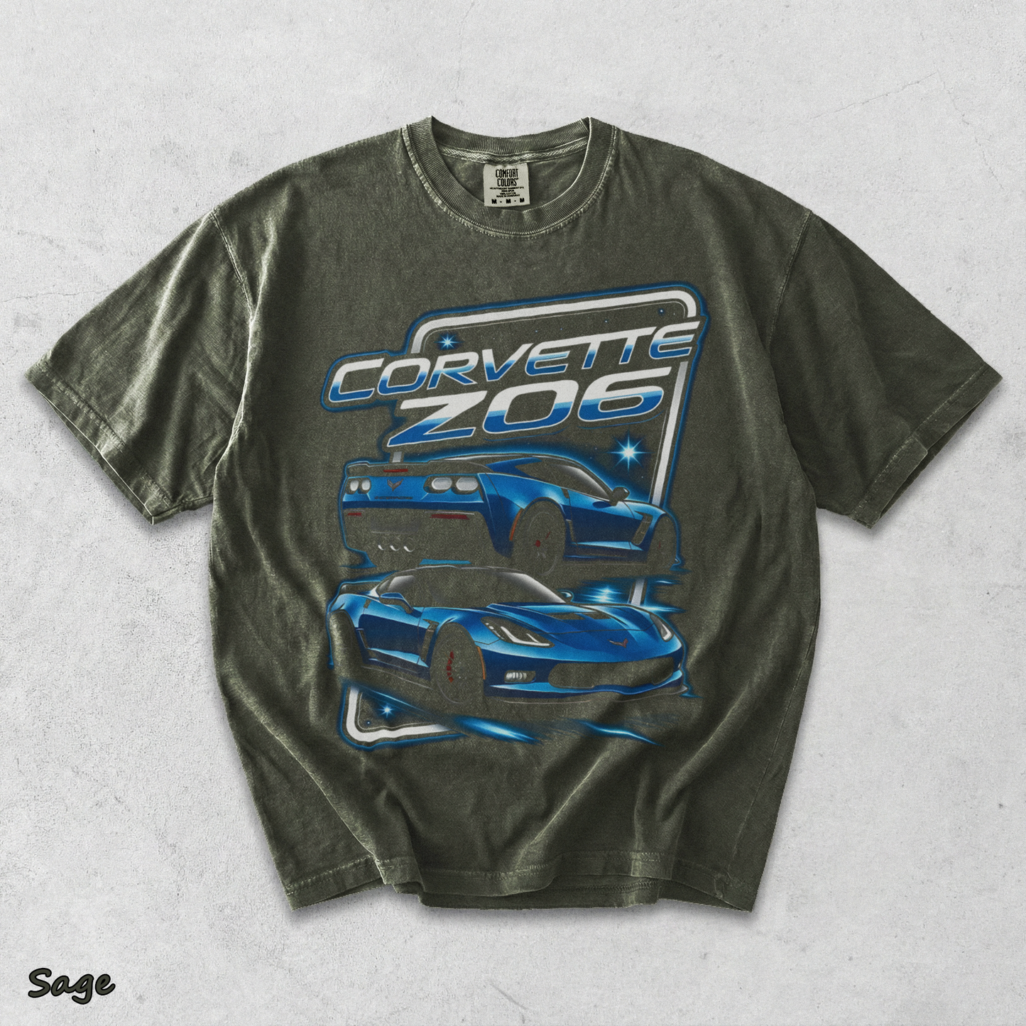 Corvette Z06 C7 Blue Racing Graphic T-Shirt back - Sage mockup