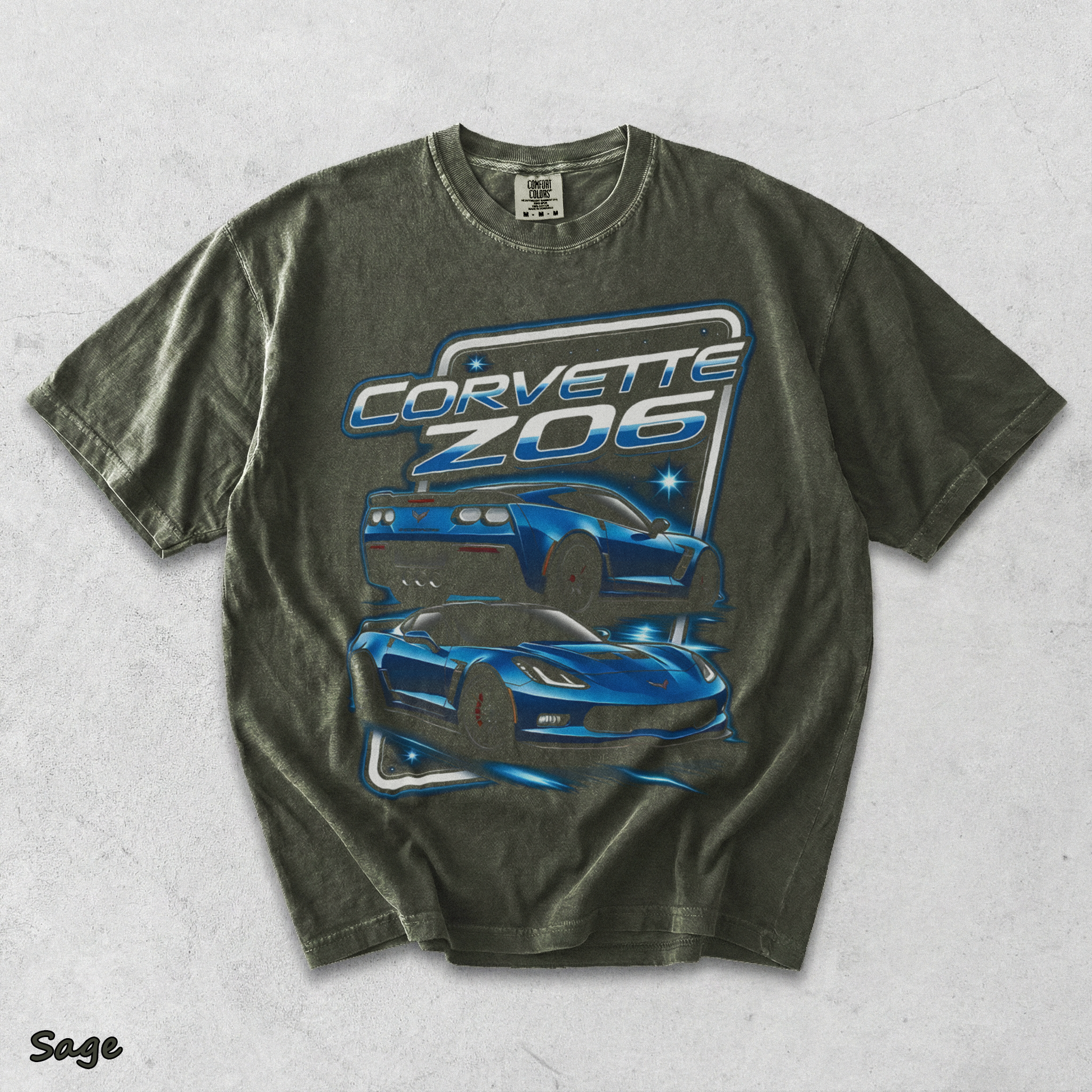 Corvette Z06 C7 Blue Racing Graphic T-Shirt back - Sage mockup
