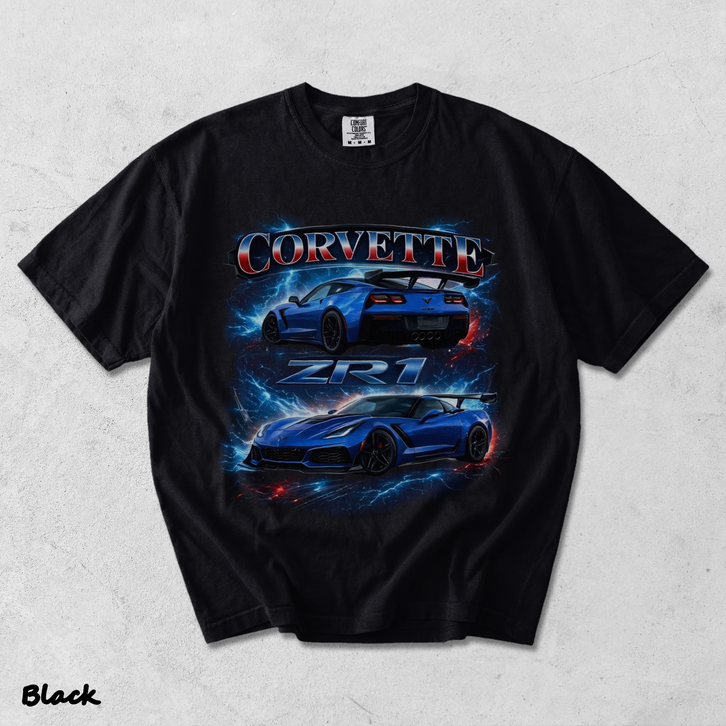 Corvette ZR1 Blue Supercar Lightning Racing Graphic T-Shir - Black mockup