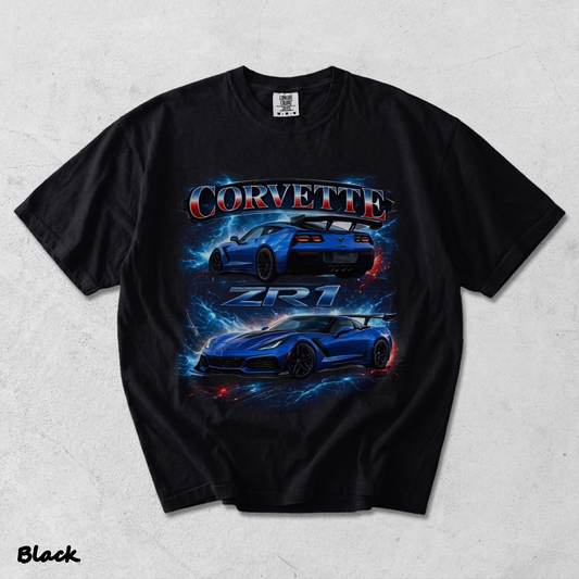 Corvette ZR1 Blue Supercar Lightning Racing Graphic T-Shir - Black mockup