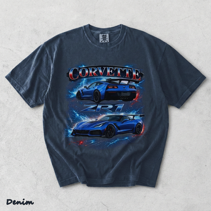 Corvette ZR1 Blue Supercar Lightning Racing Graphic T-Shir - Denim mockup