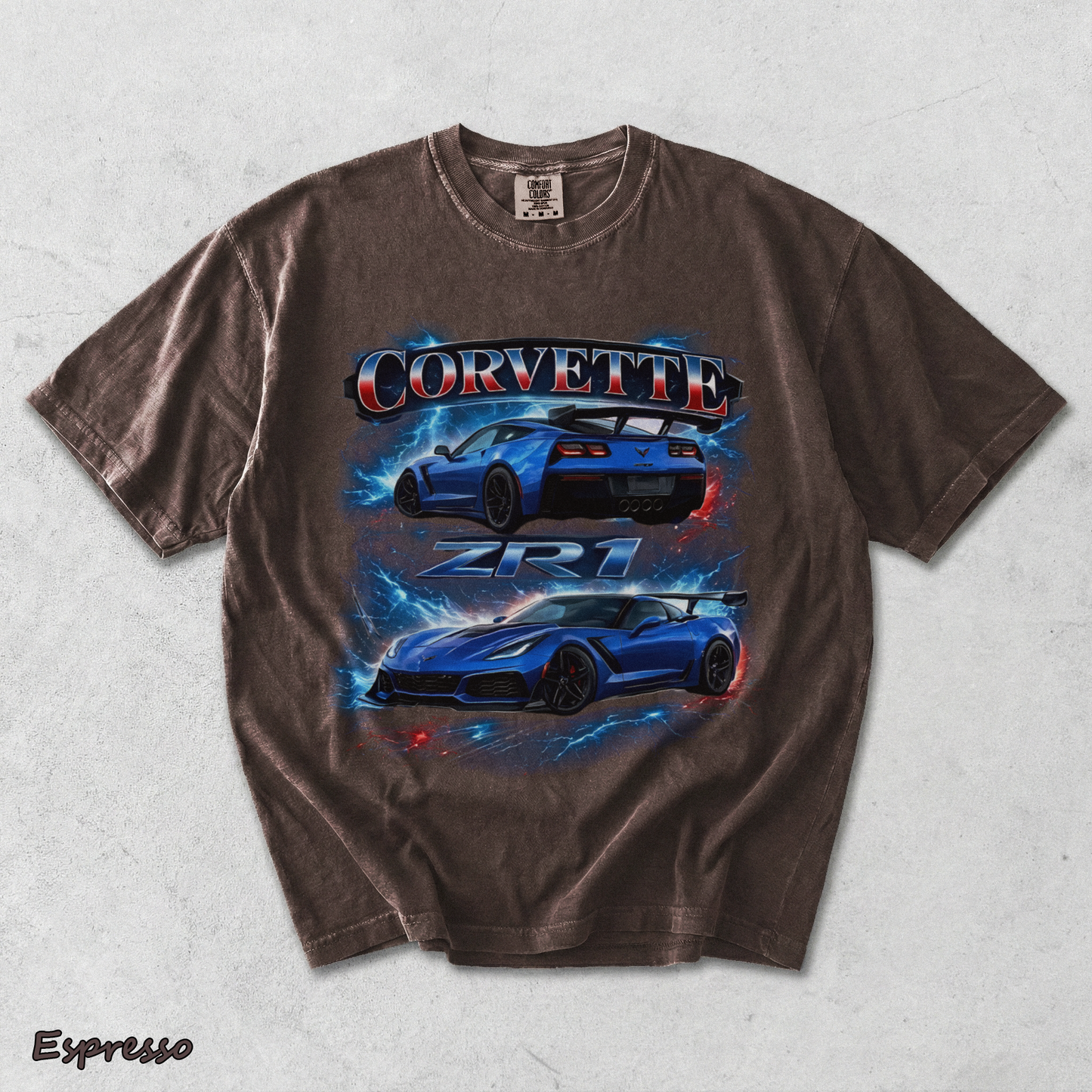 Corvette ZR1 Blue Supercar Lightning Racing Graphic T-Shir - Espresso mockup