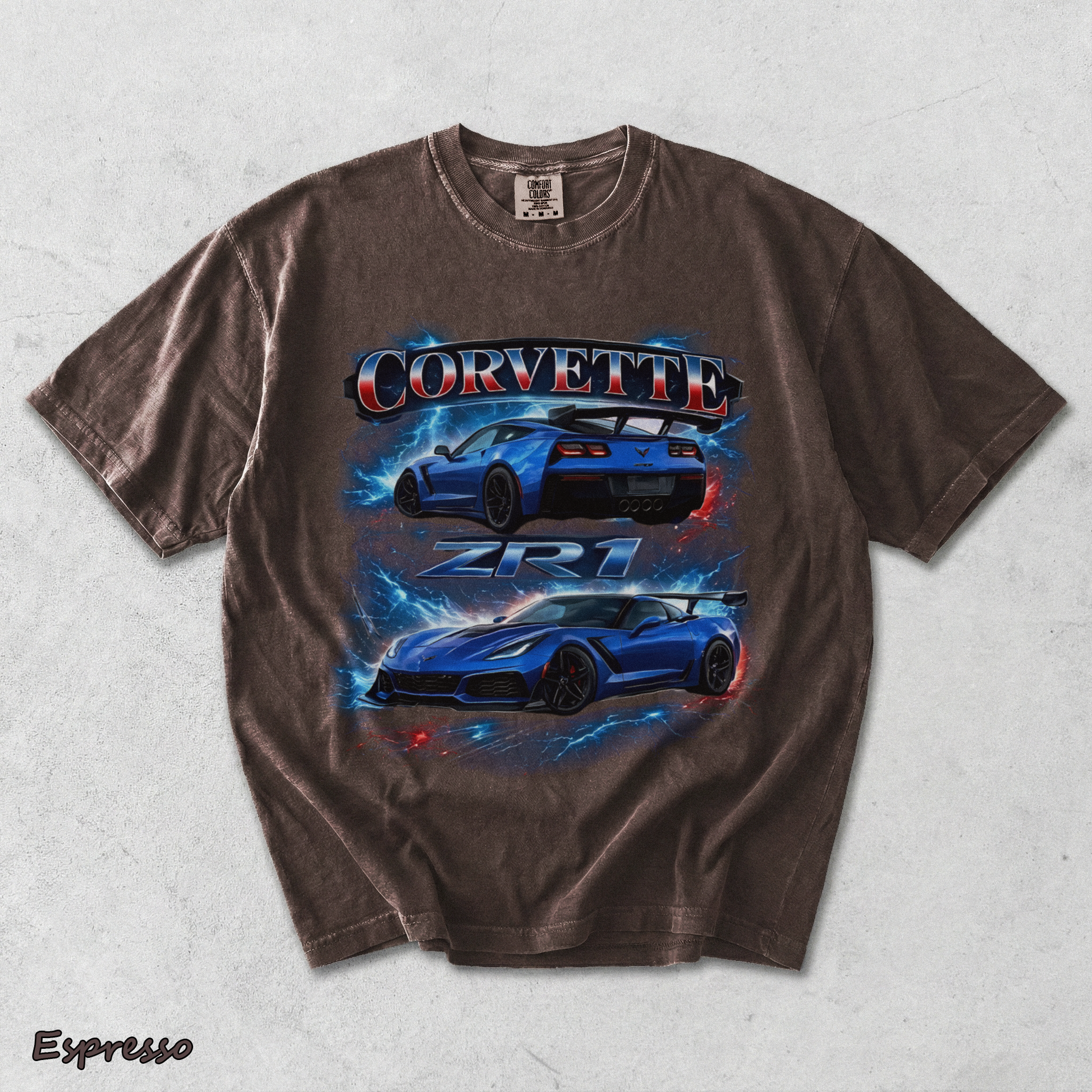 Corvette ZR1 Blue Supercar Lightning Racing Graphic T-Shir - Espresso mockup