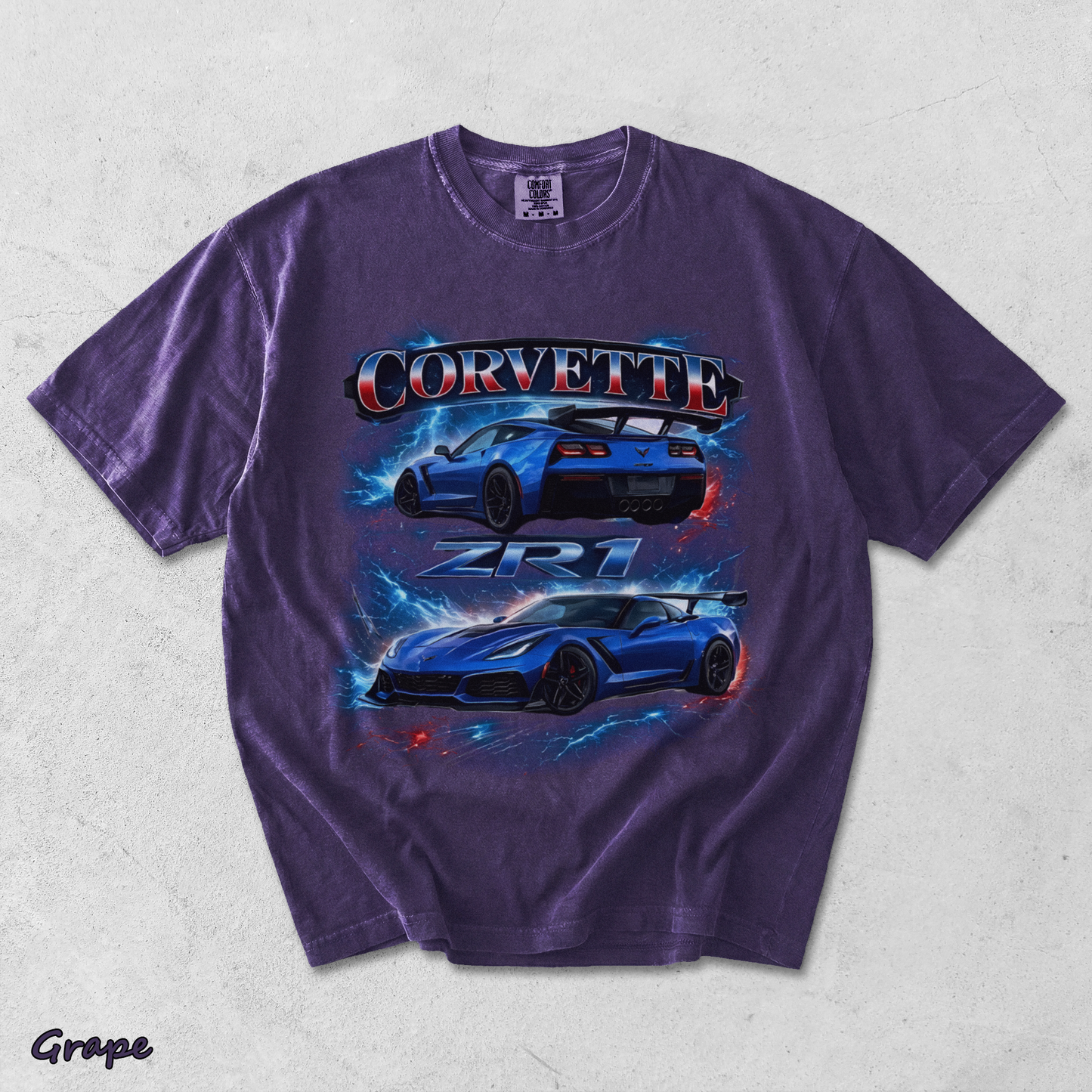 Corvette ZR1 Blue Supercar Lightning Racing Graphic T-Shir - Grape mockup