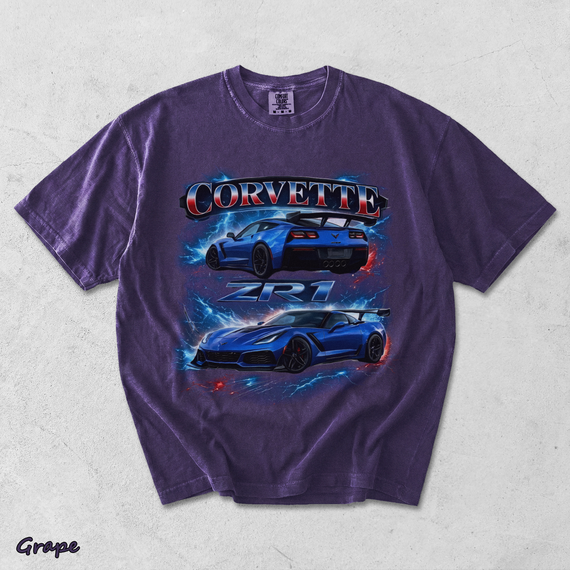 Corvette ZR1 Blue Supercar Lightning Racing Graphic T-Shir - Grape mockup