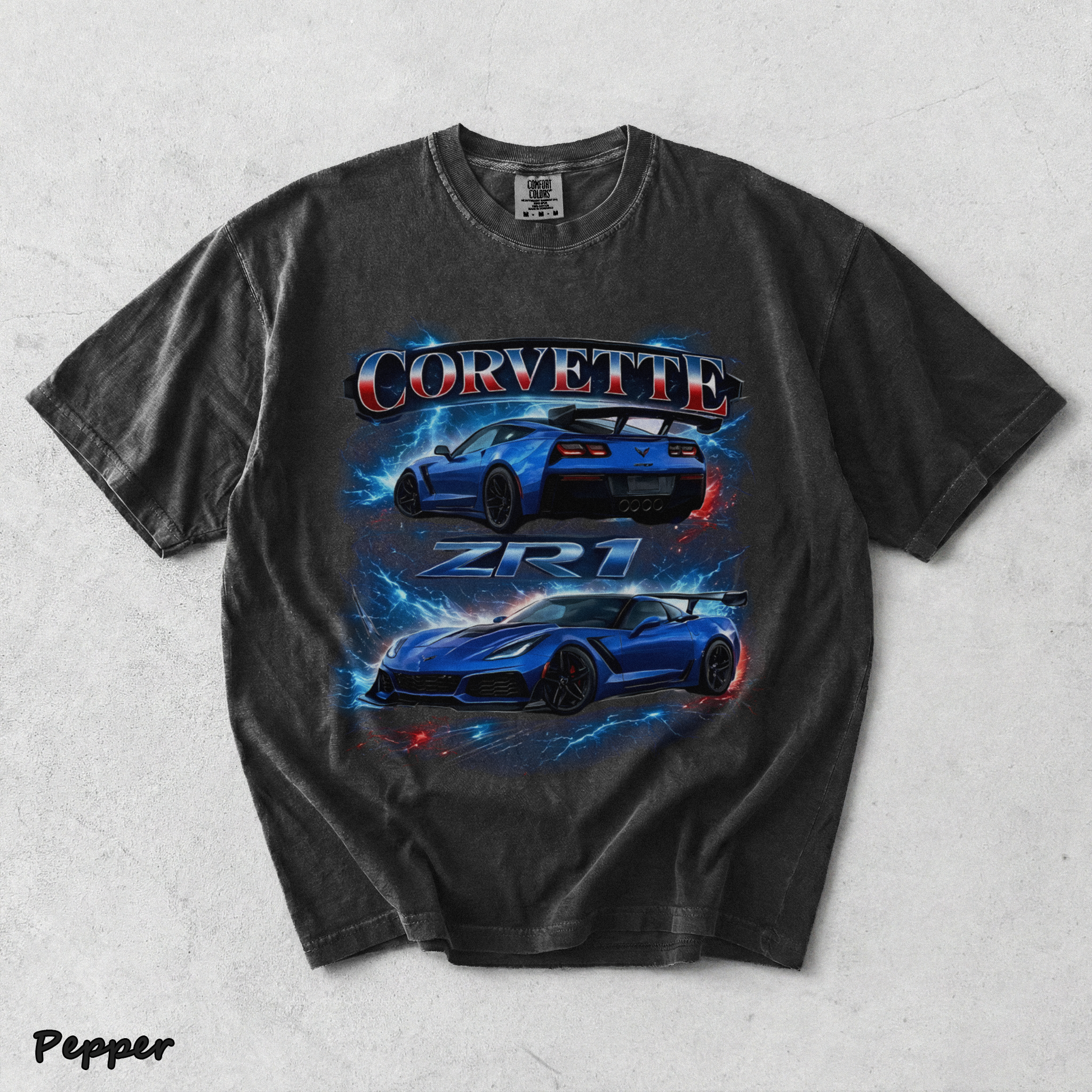Corvette ZR1 Blue Supercar Lightning Racing Graphic T-Shir - Pepper mockup