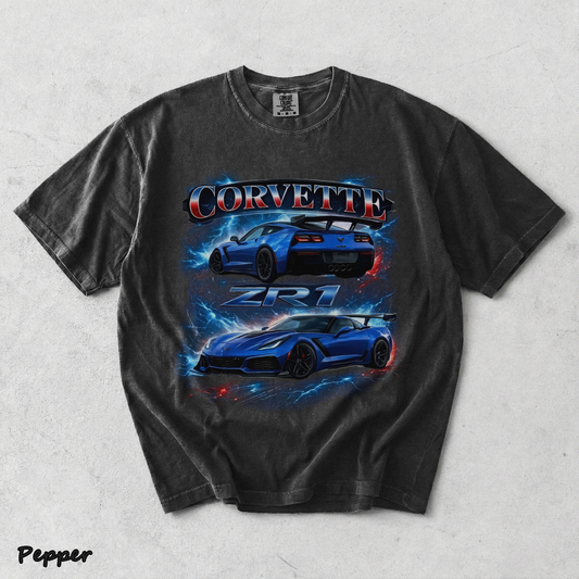 Corvette ZR1 Blue Supercar Lightning Racing Graphic T-Shir - Pepper mockup