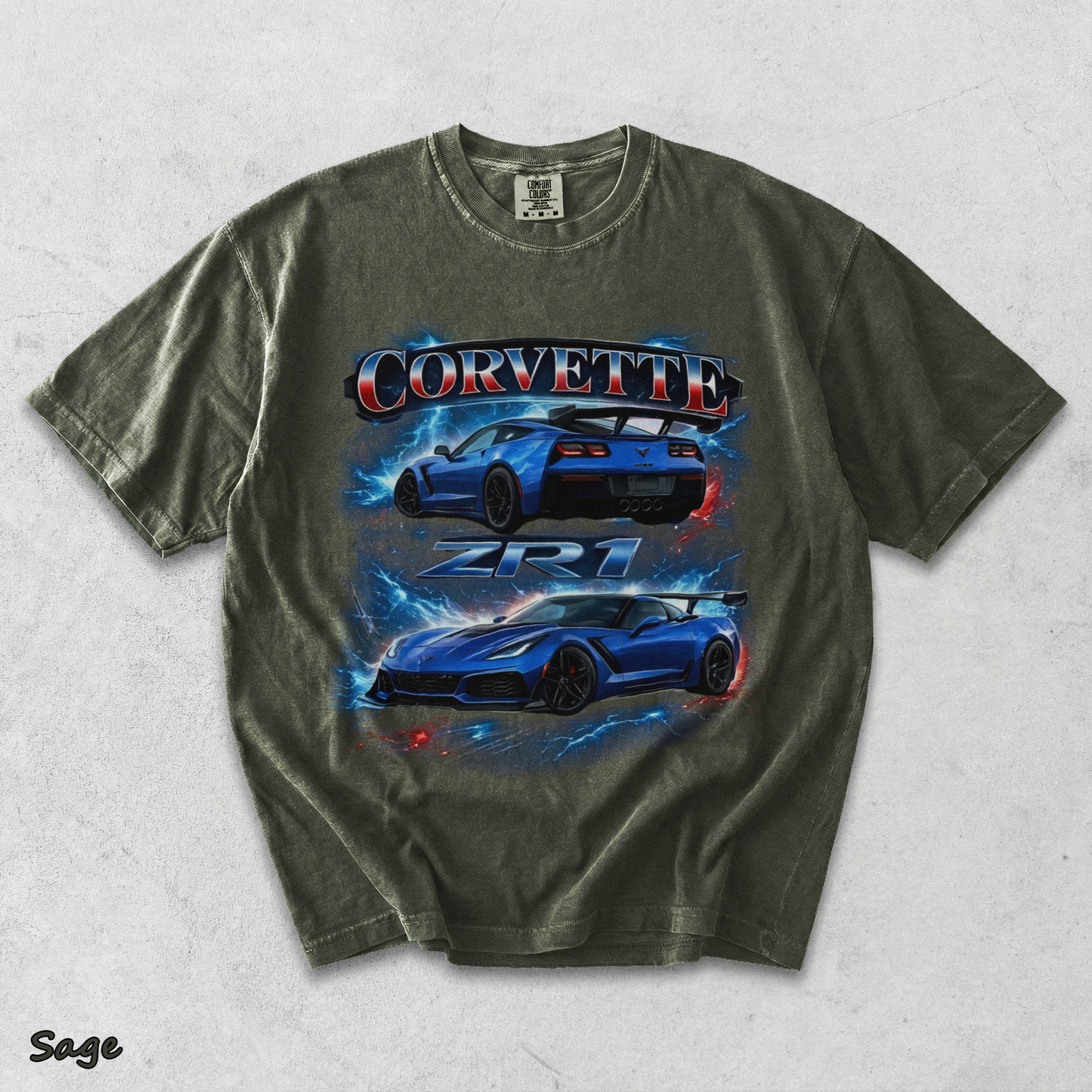 Corvette ZR1 Blue Supercar Lightning Racing Graphic T-Shir - Sage mockup