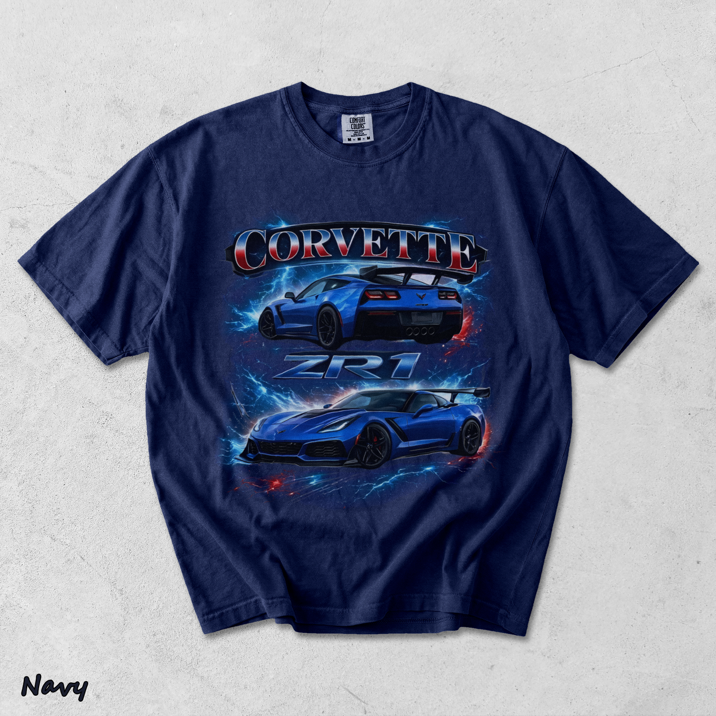 Corvette ZR1 Blue Supercar Lightning Racing Graphic T-Shir - True Navy mockup