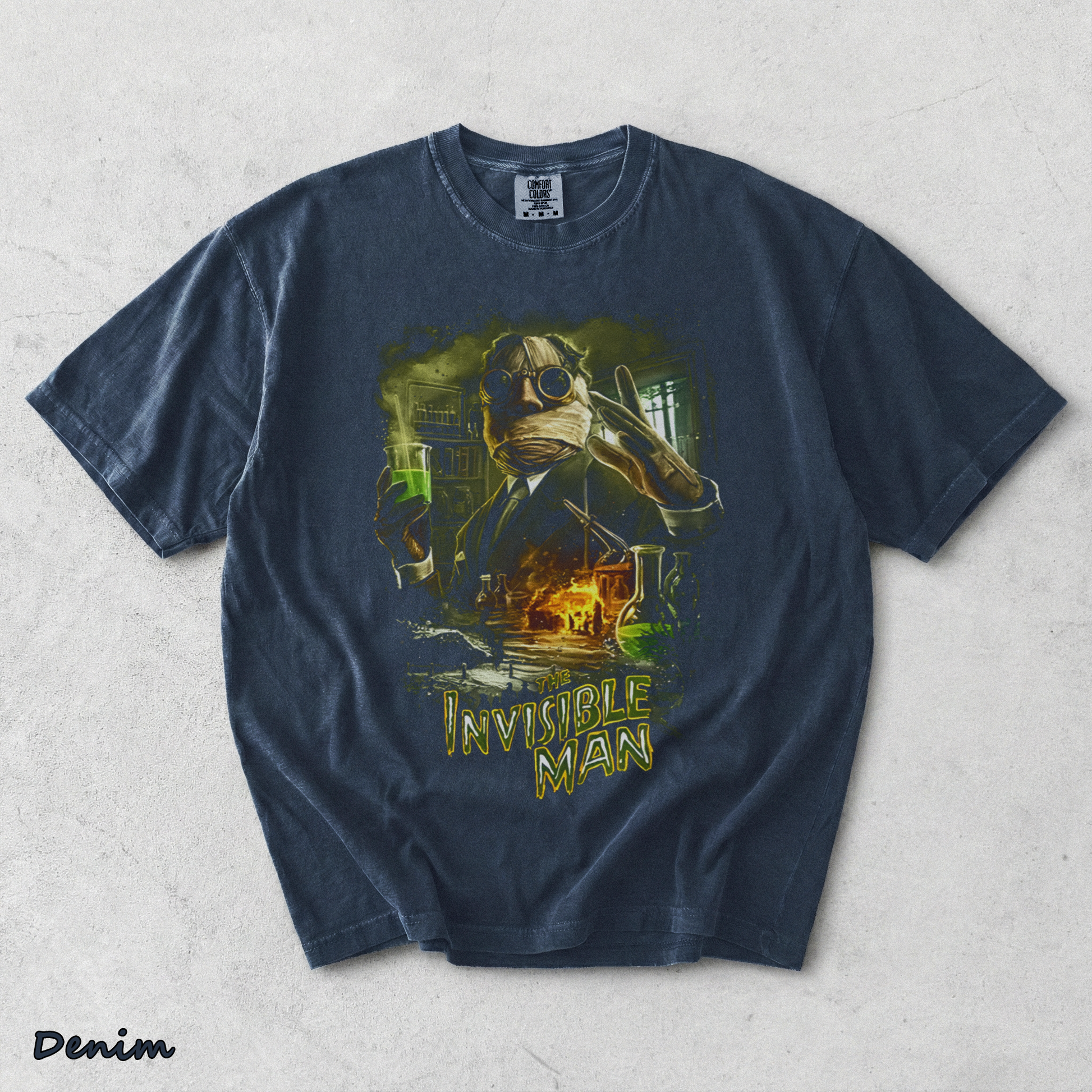 Invisible Man Experiment Splash Art Retro 90s Halloween Horror Graphic Shirt - Denim mockup