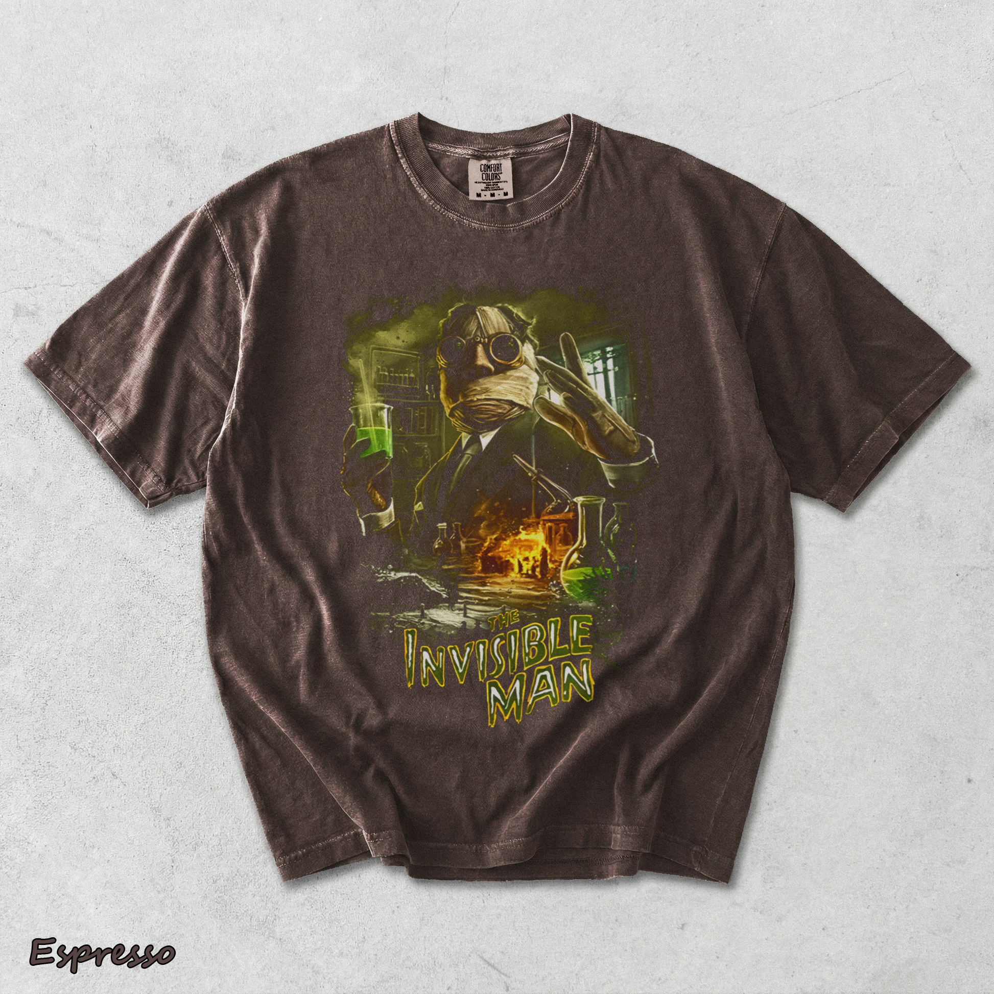 Invisible Man Experiment Splash Art Retro 90s Halloween Horror Graphic Shirt - Espresso mockup