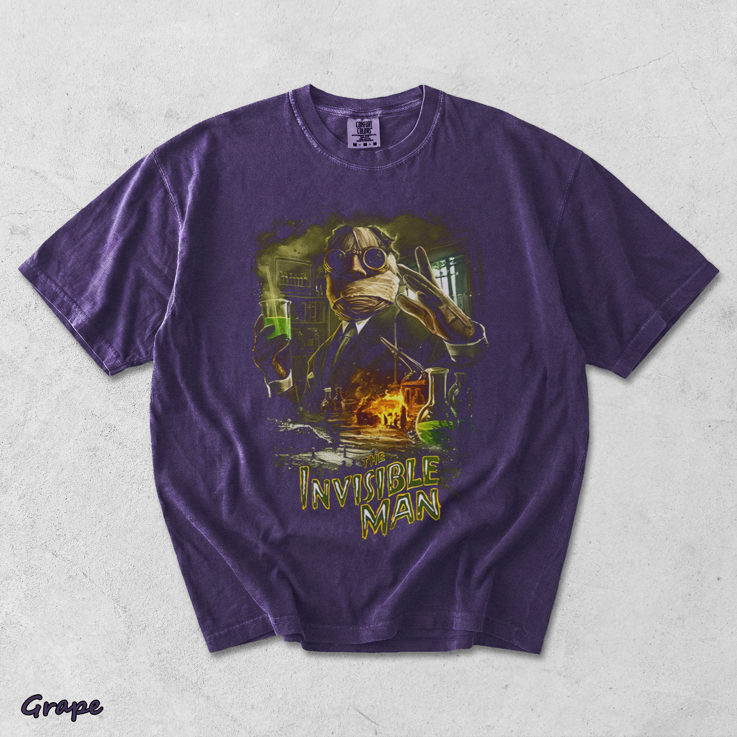 Invisible Man Experiment Splash Art Retro 90s Halloween Horror Graphic Shirt - Grape mockup