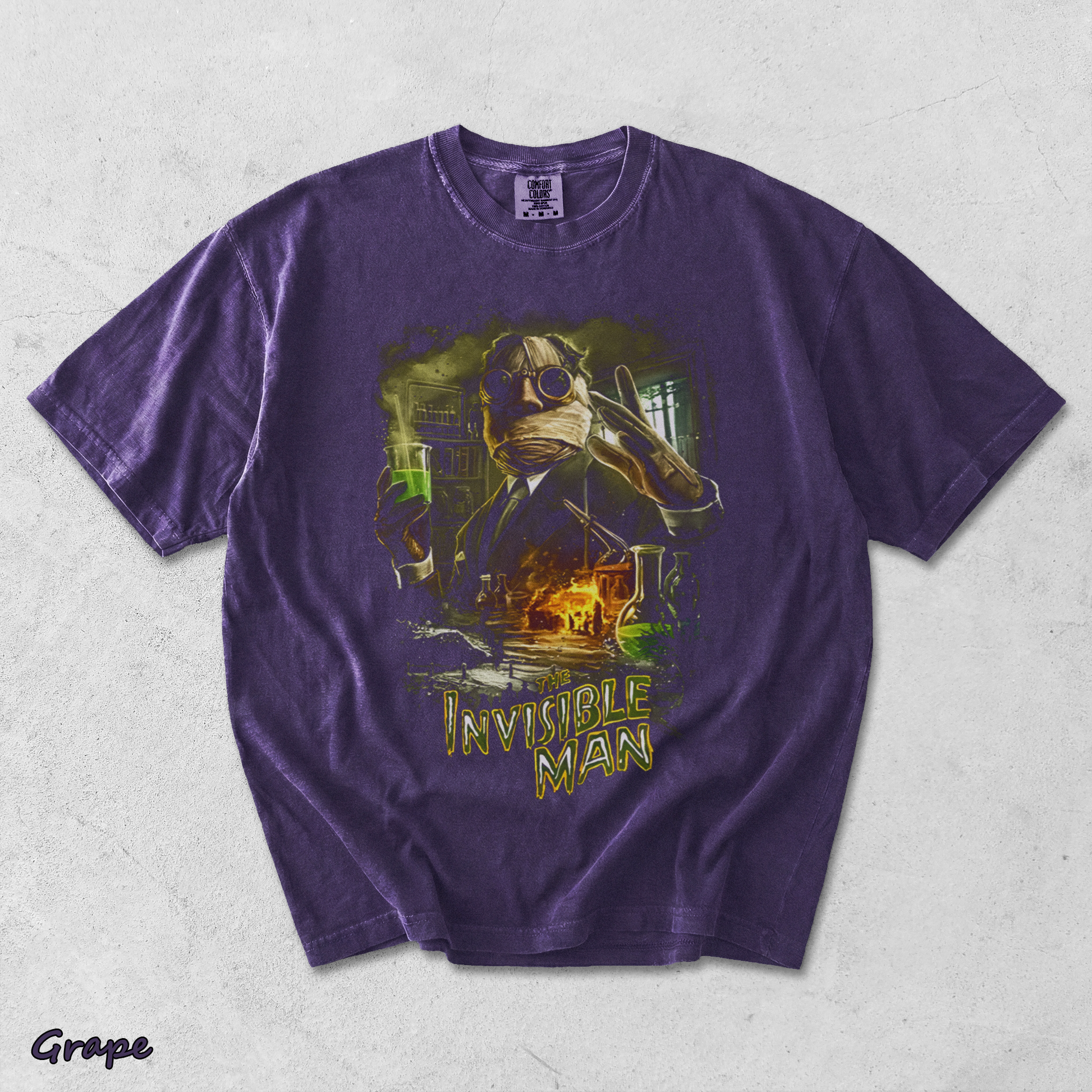 Invisible Man Experiment Splash Art Retro 90s Halloween Horror Graphic Shirt - Grape mockup