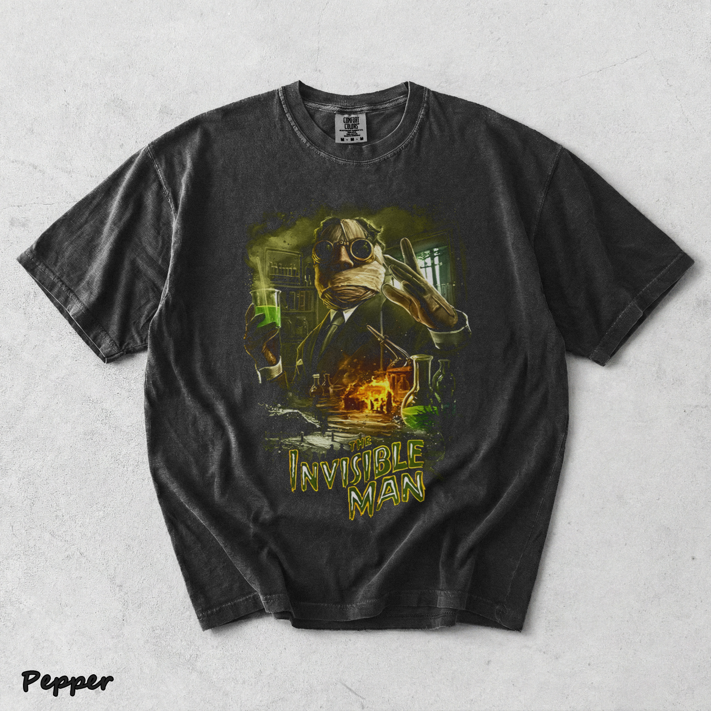 Invisible Man Experiment Splash Art Retro 90s Halloween Horror Graphic Shirt - Pepper mockup