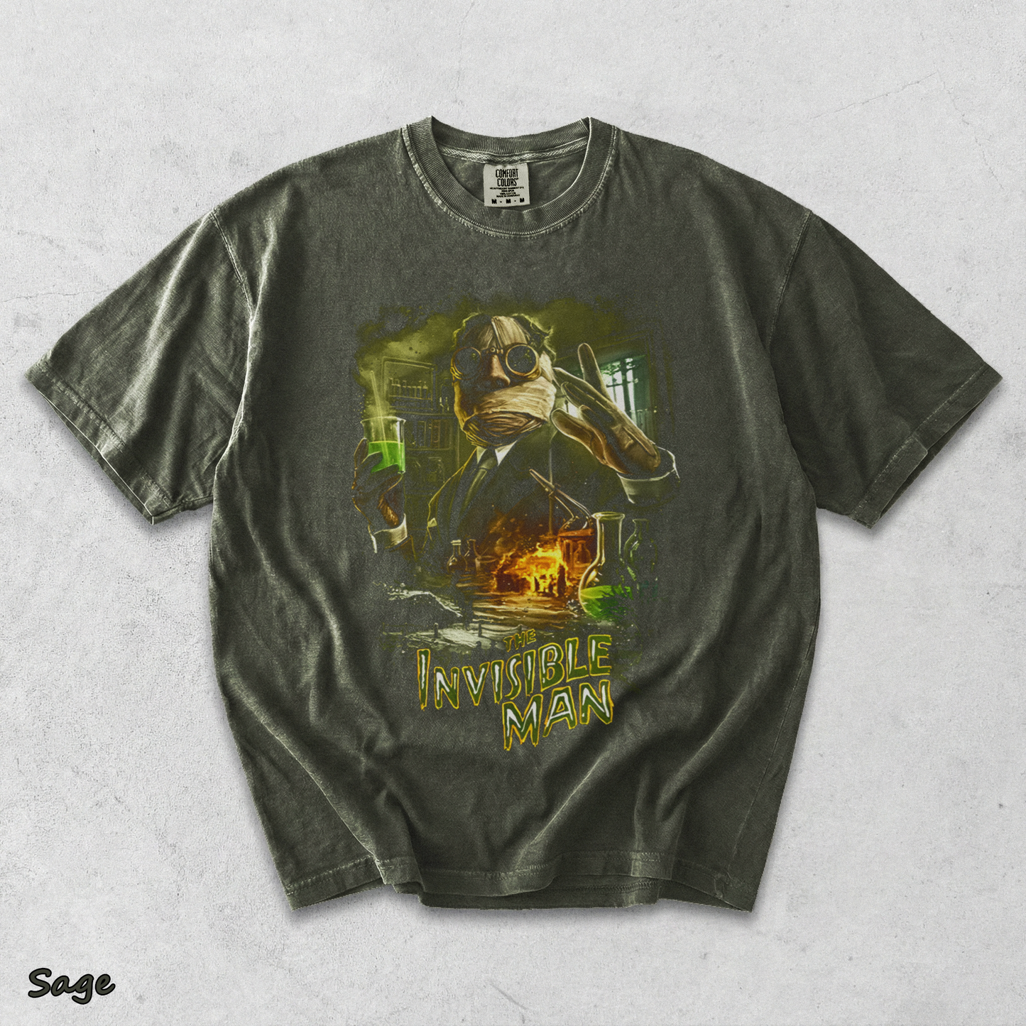 Invisible Man Experiment Splash Art Retro 90s Halloween Horror Graphic Shirt - Sage mockup