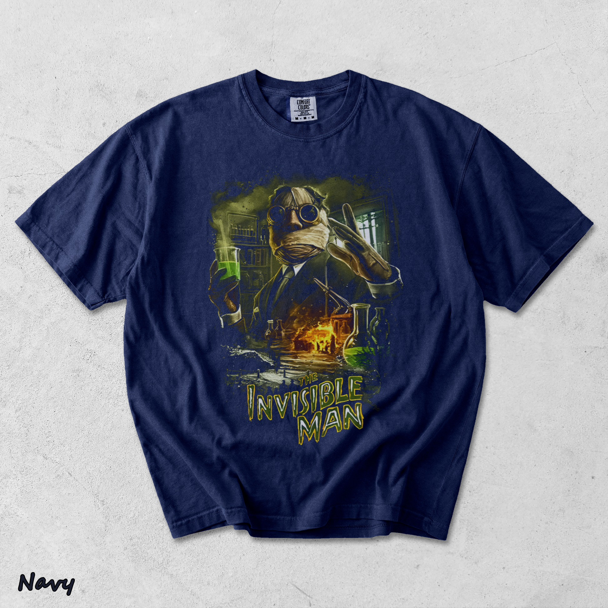 Invisible Man Experiment Splash Art Retro 90s Halloween Horror Graphic Shirt - True Navy mockup